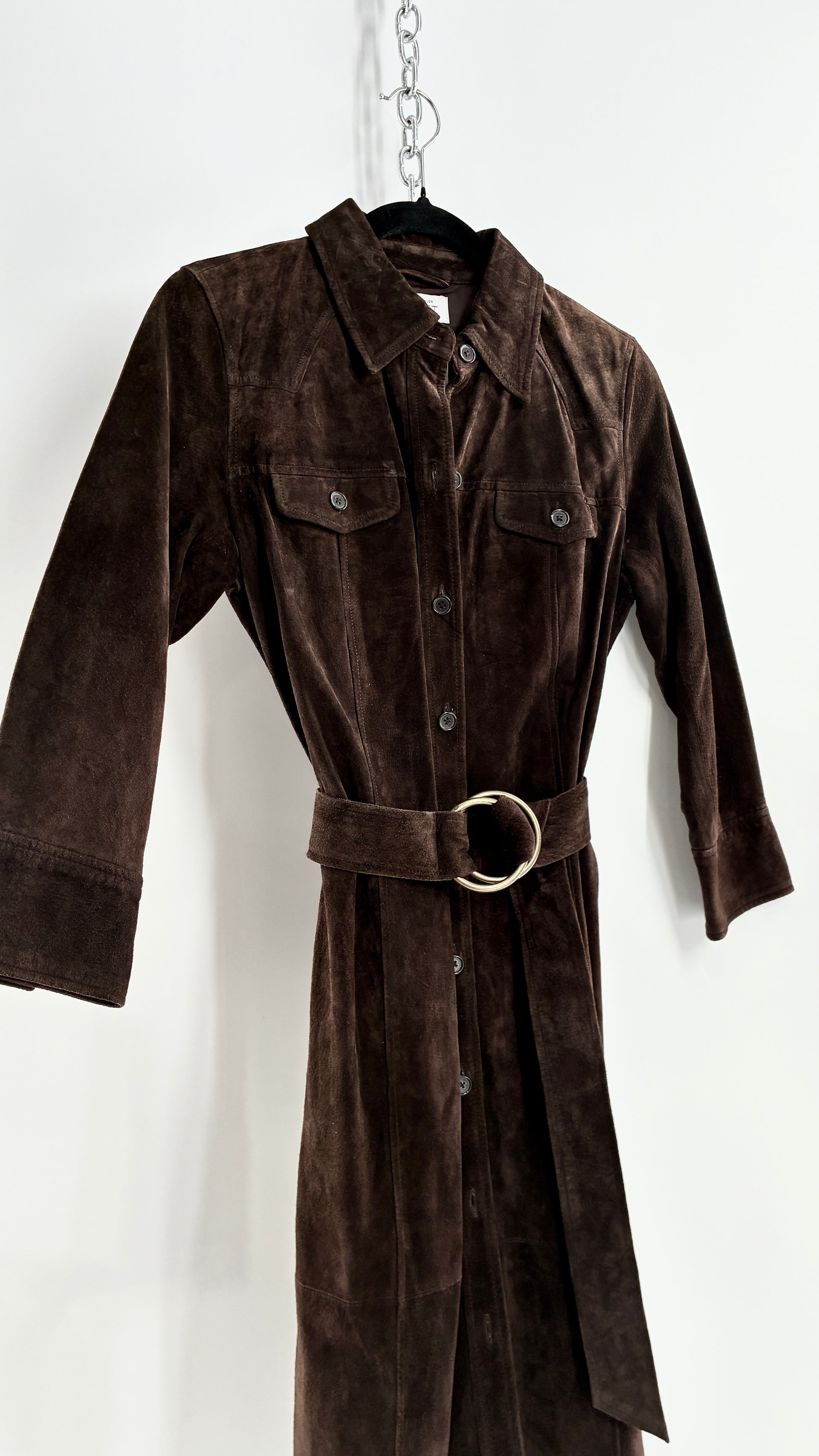 Vintage LOFT Brown Suede Leather Button Front, Belted Midi Dress with – The Thrifty Hippy