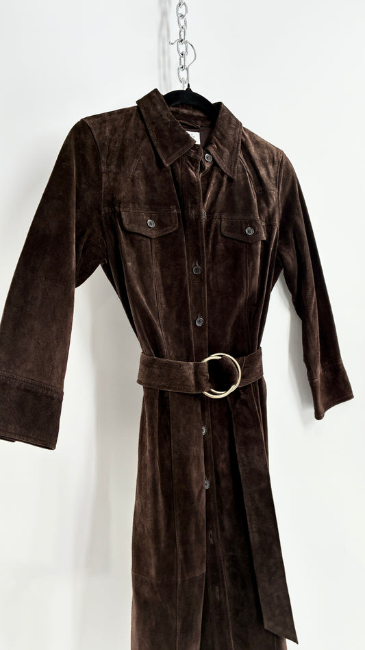 Vintage LOFT Brown Suede Leather Button Front, Belted Midi Dress with Tags Attached (4)
