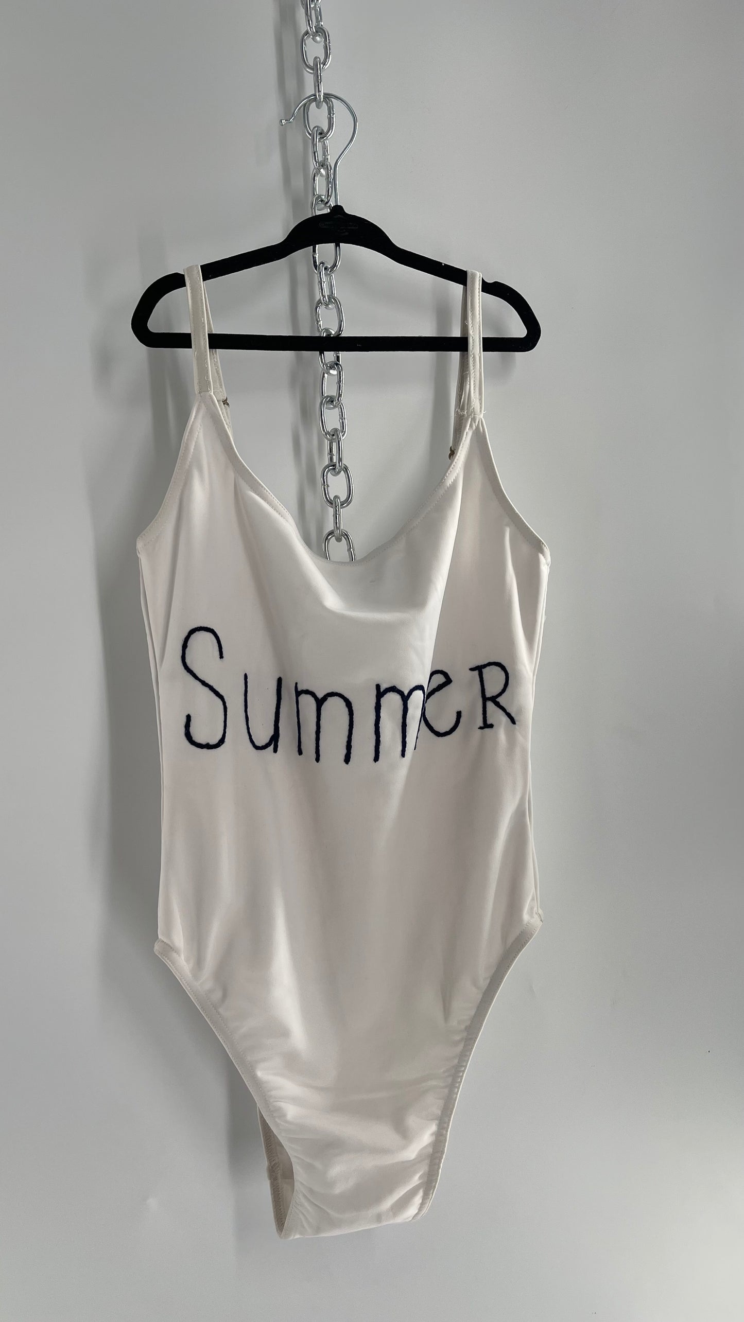 Bannerday White Bathing Suit with Black “Summer” Embroidery (Small)