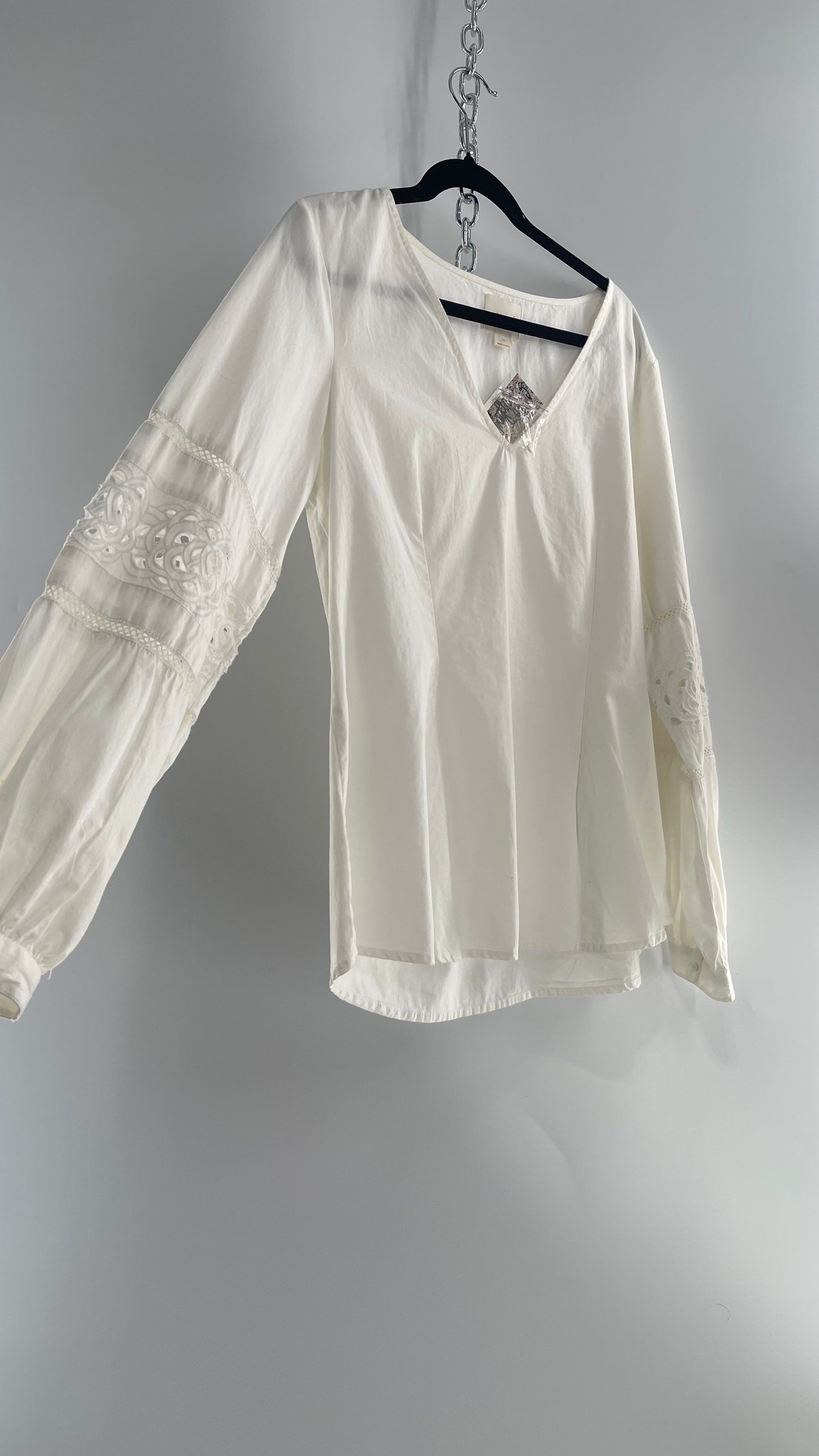 Maeve Anthropologie White 100% Cotton Blouse with Balloon Sleeves, Eyelet Lace, and Armpit Zipper (12)