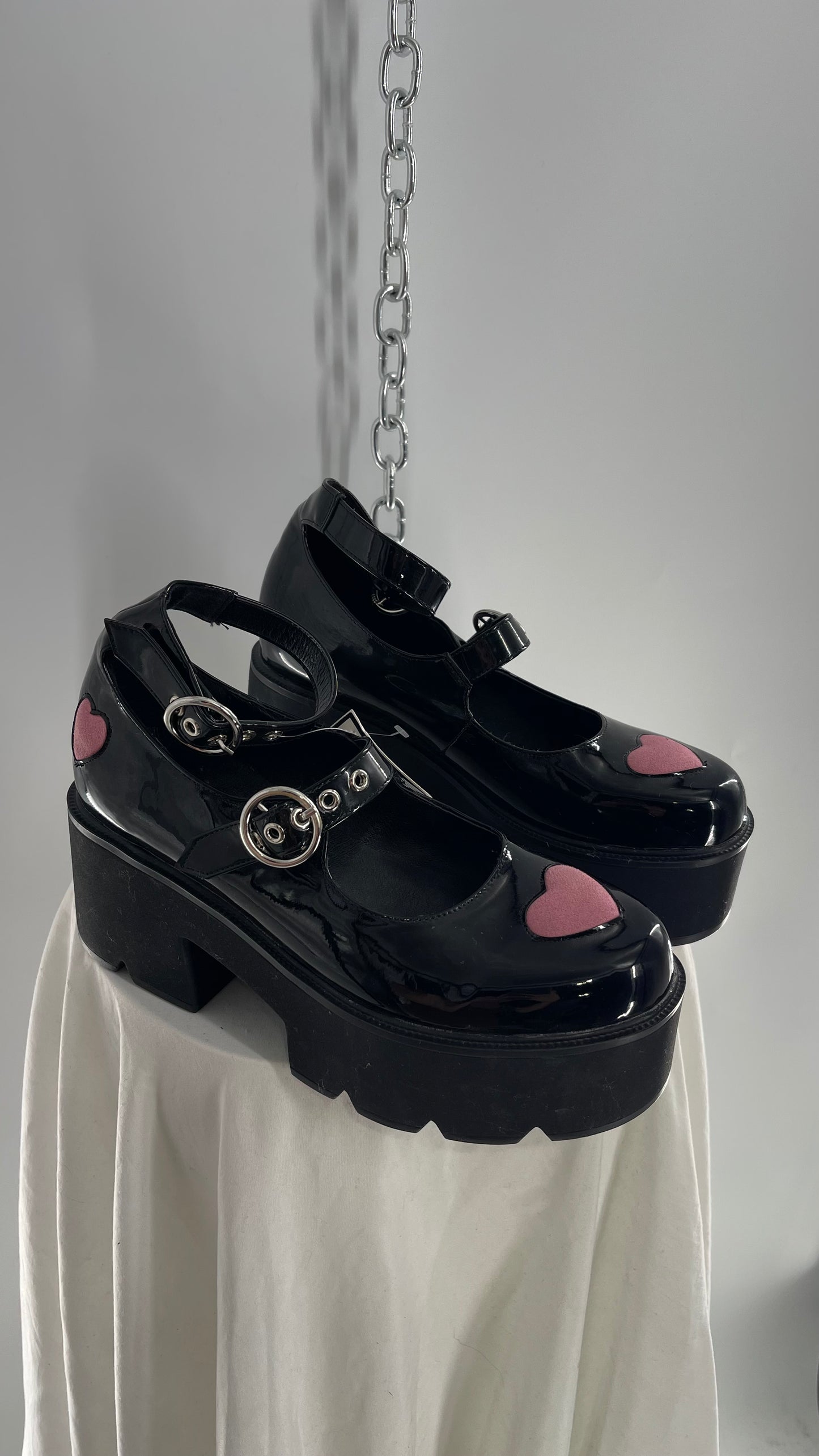 LaModa Ironic Black Patent Multibuckle Mary Jane with Pink Hearts (8)