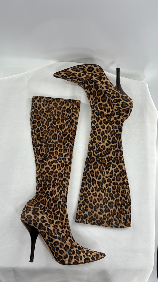 Vintage 1990s MARTINEZ VALERO  Cheetah Print, Pointed Toe, Skinny Heel Knee High Boots (8)