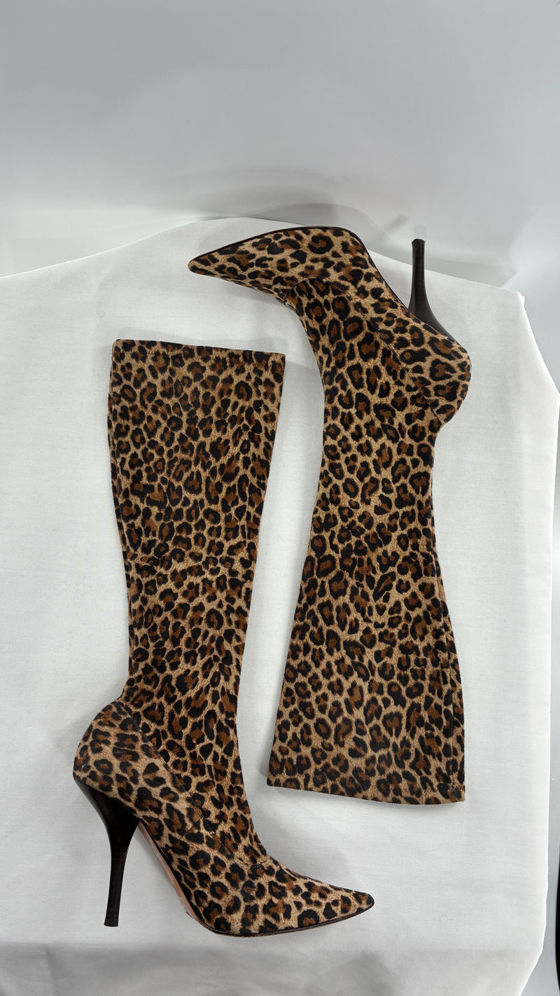 Vintage 1990s MARTINEZ VALERO  Cheetah Print, Pointed Toe, Skinny Heel Knee High Boots (8)