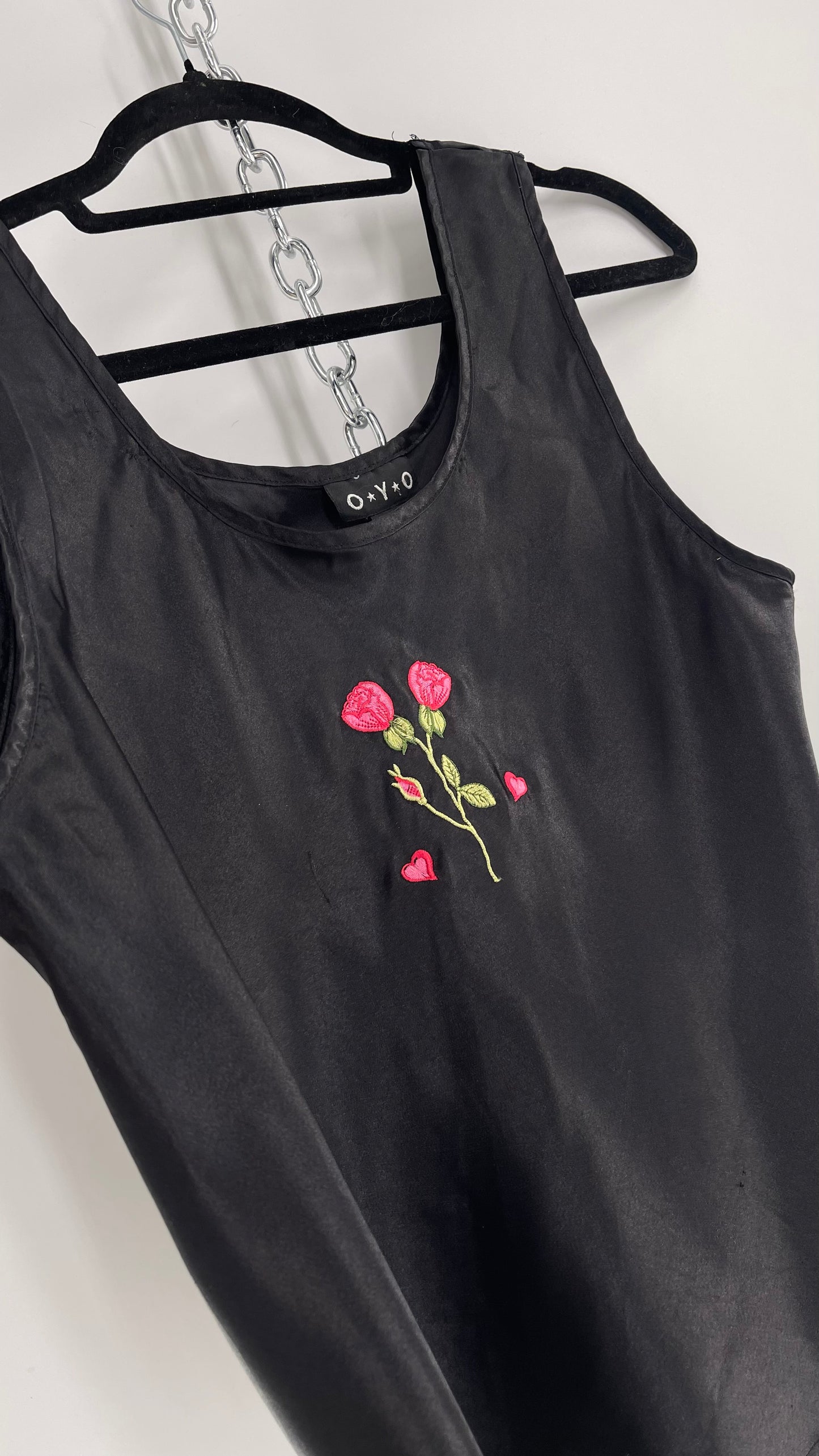 Vintage OYO Black Silky Slip Tank with Rose and Hearts Embroidery (Large)