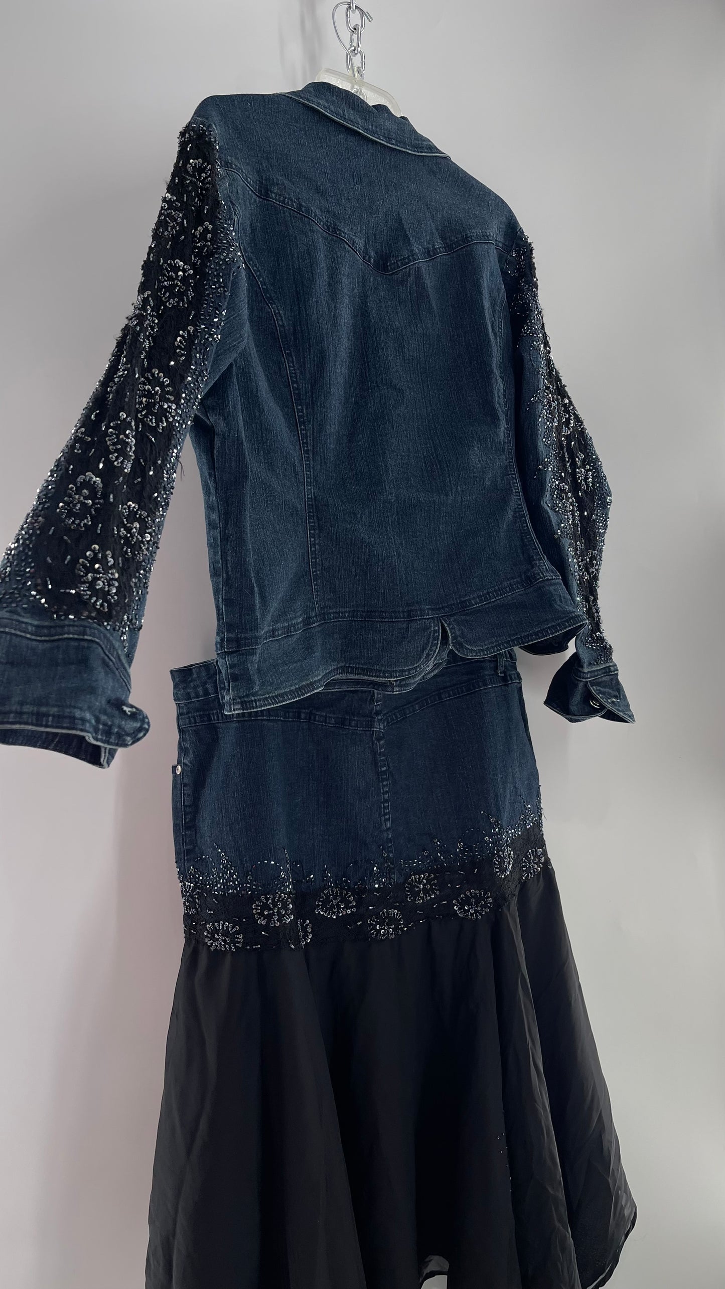 Vintage Ashley Stewart Denim Skirt and Button Up Set with Black Embroidered and Beaded Lace Details + Handkerchief Skirt (16W)