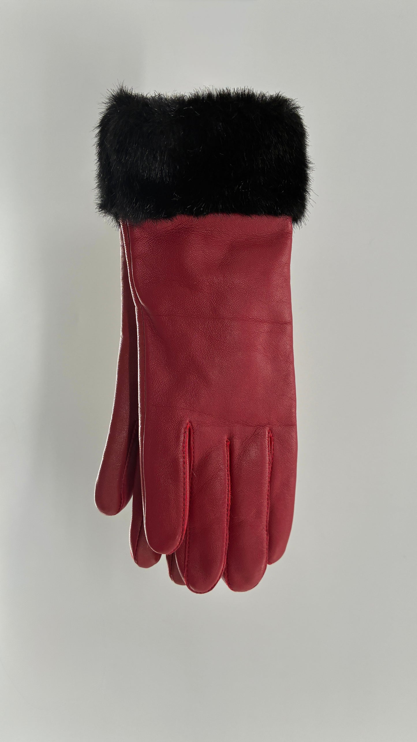 Vintage Red Leather Gloves with Faux Fur Trim