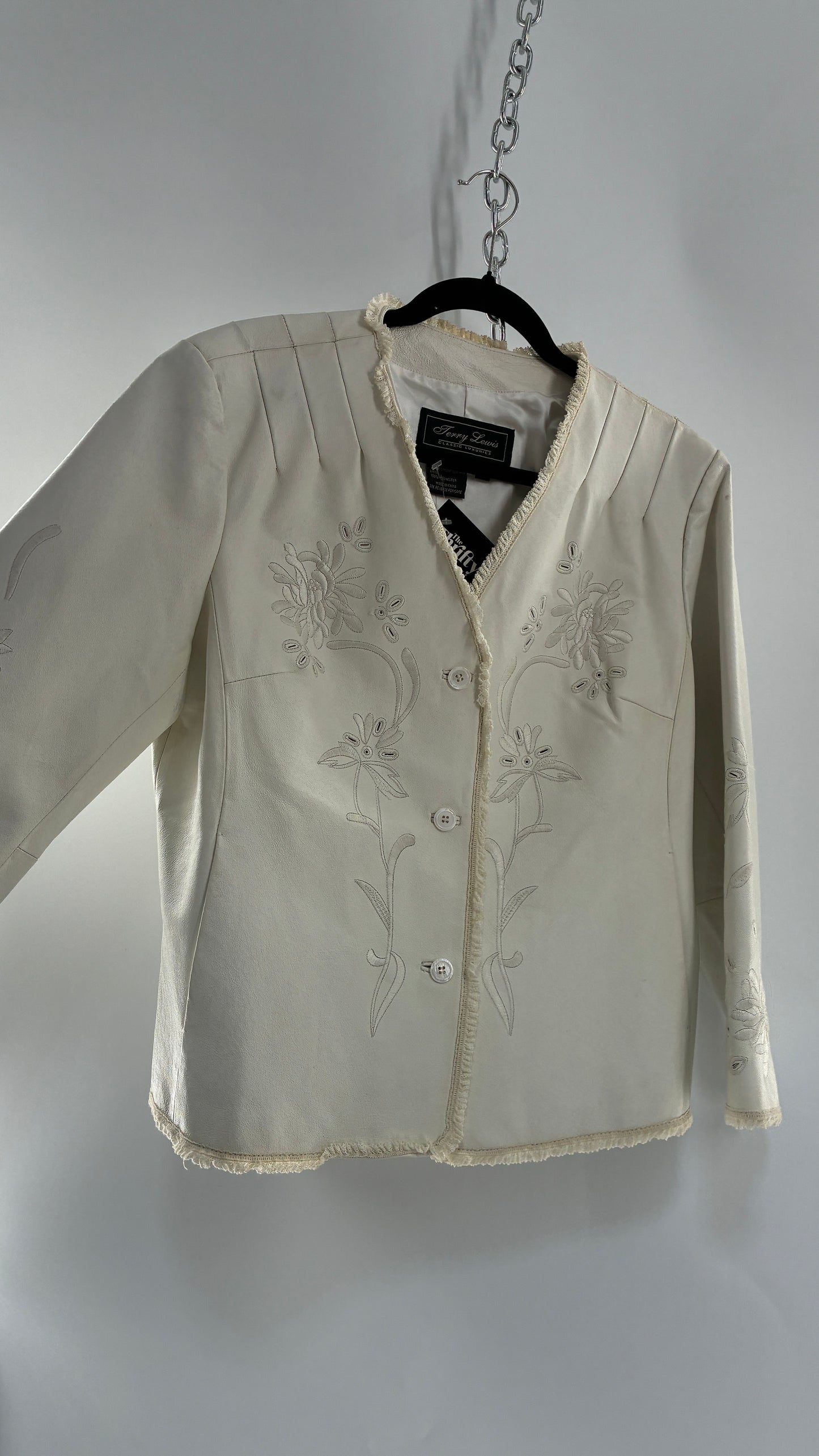 Vintage TERRY LEWIS White Leather Pleated Back, Embroidered Jacket with Lace Trim (Large)