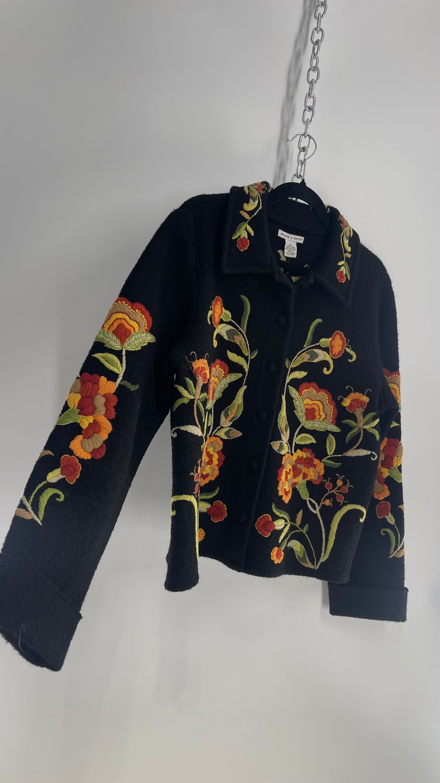 Deane & White Black 100% Wool Orange and Yellow Embroidered Flower Cardigan Jacket (Large)