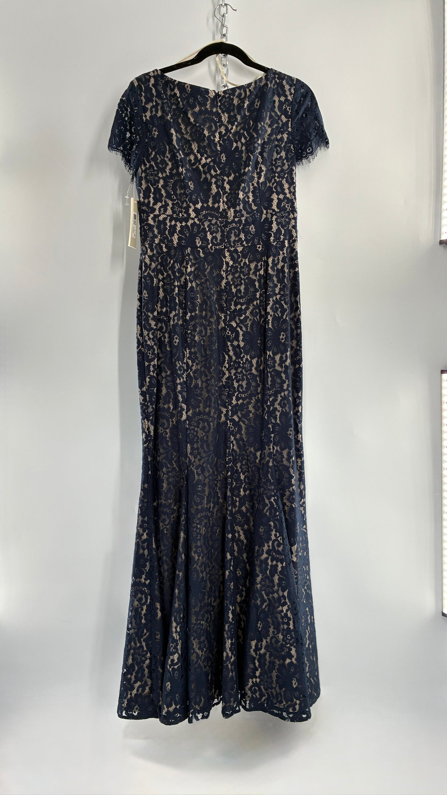 Deadstock Vintage ELIZA J Navy Blue Overlay Lace Full Length Mermaid Style Gown (8)