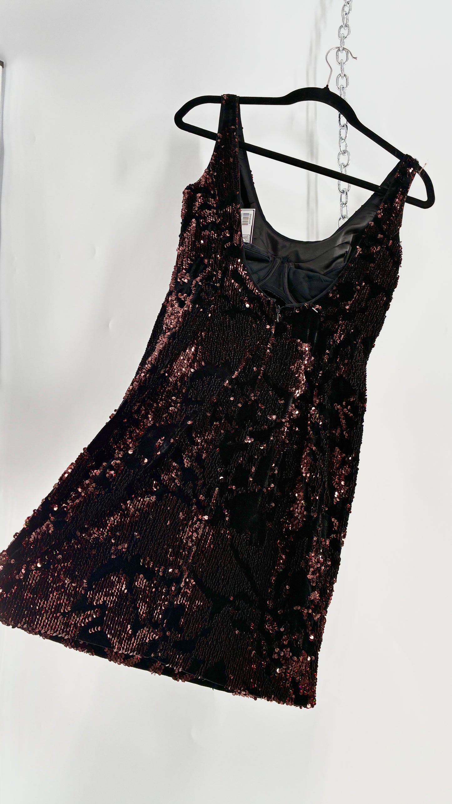 MILLY Cora Velvet, Black and Rose Gold Sequin Mini Dress with Built in Corset (4)