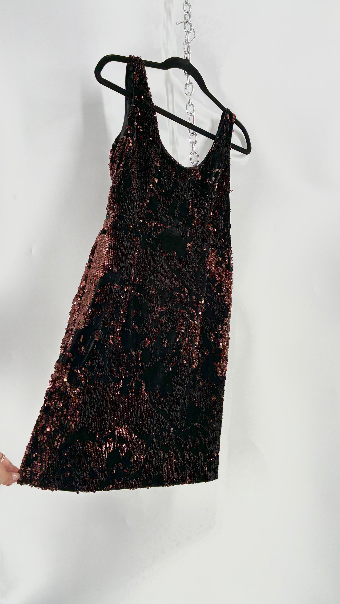 MILLY Cora Velvet, Black and Rose Gold Sequin Mini Dress with Built in Corset (4)