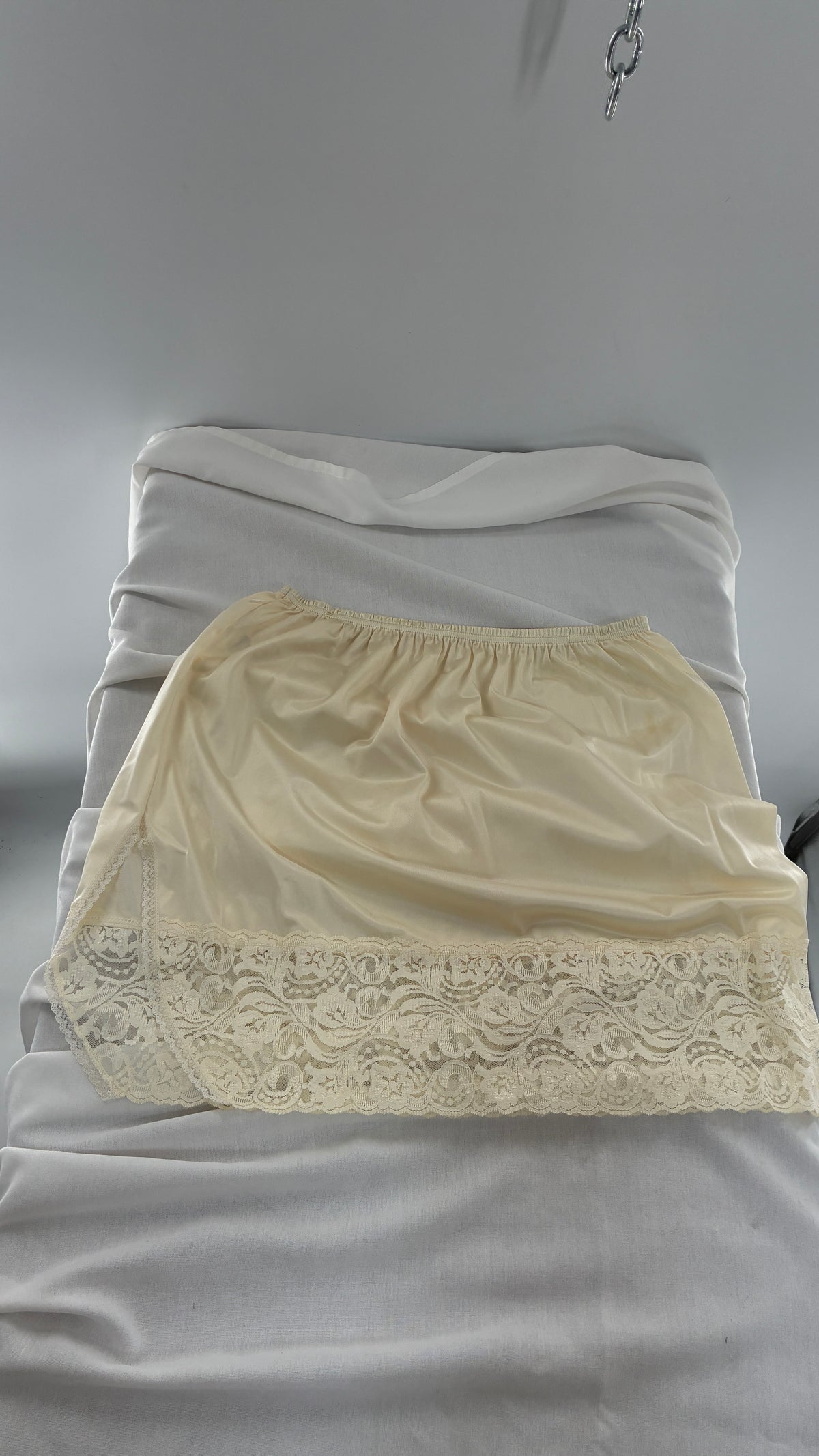 Vintage Vanity Fair Ivory Mini Slip Skirt with Slit and Wide Lace Trim (Medium)