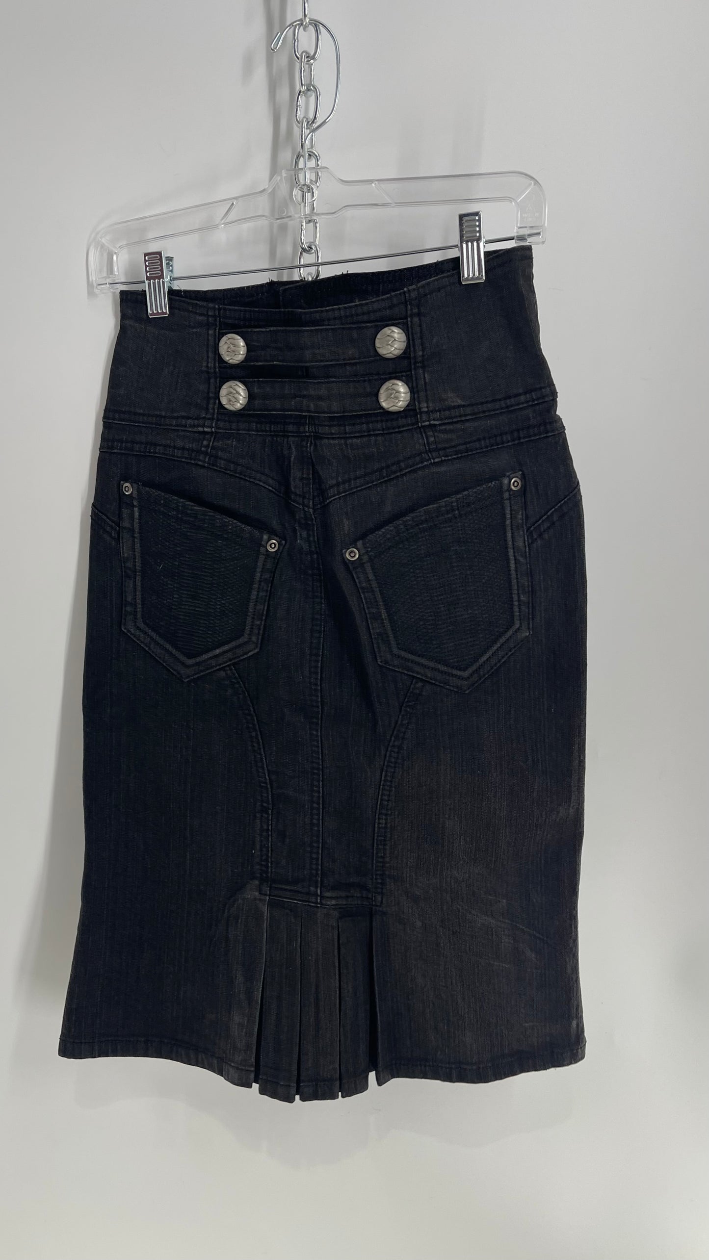 XOXO Dark Wash Denim Body Con Midi Skirt with Buttons, Embroidery, and Pleats (7/8)