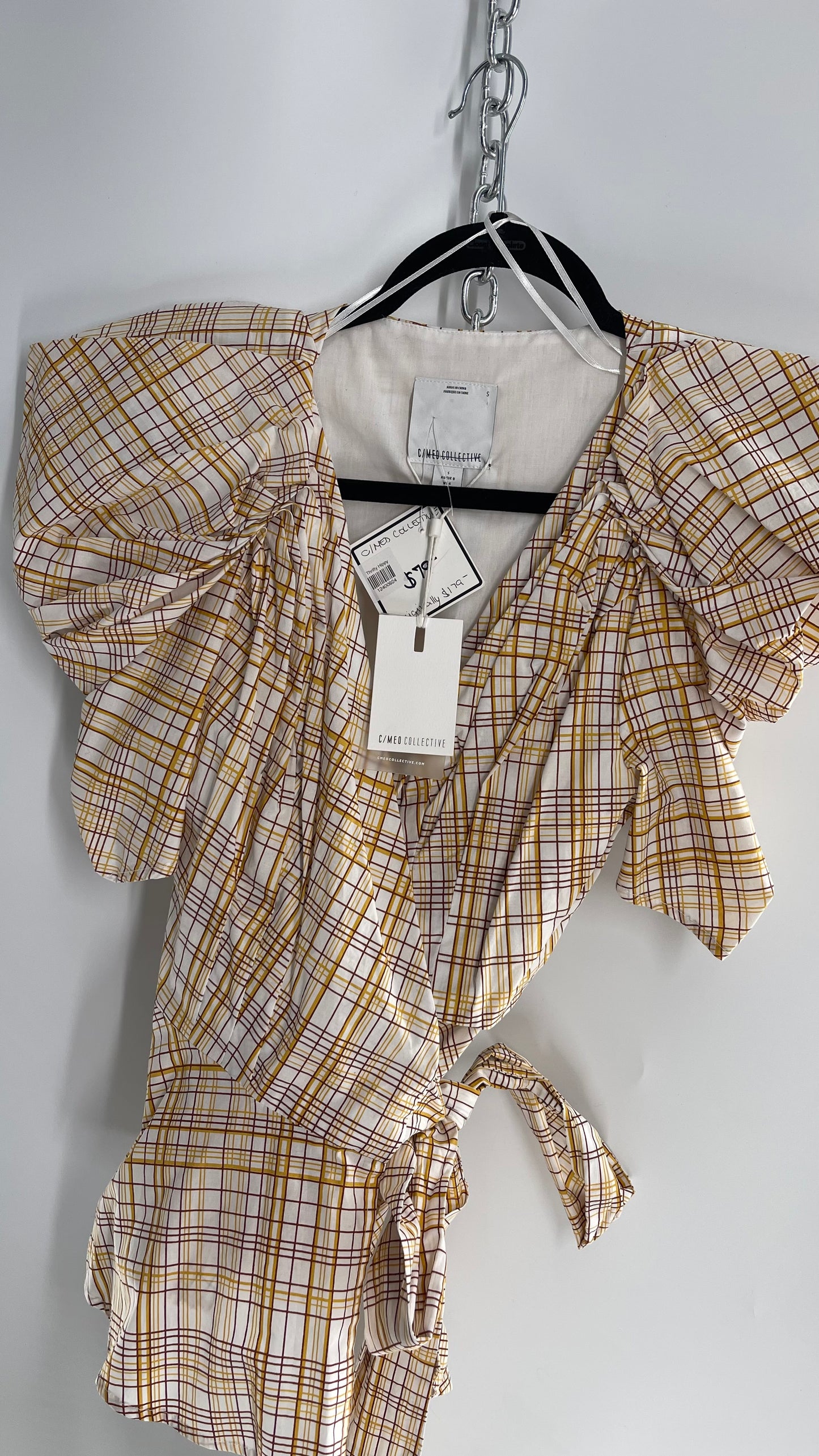 C/MEO Collective Plaid Puff Sleeve Peplum with Tags Attached (S)