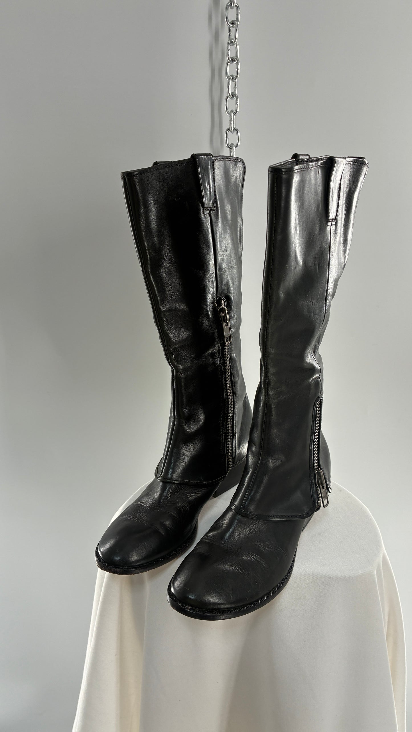 Vintage KORK EASE Black Genuine Leather Fold Over Boots with Heavy Metal Detailing (9/40.5)