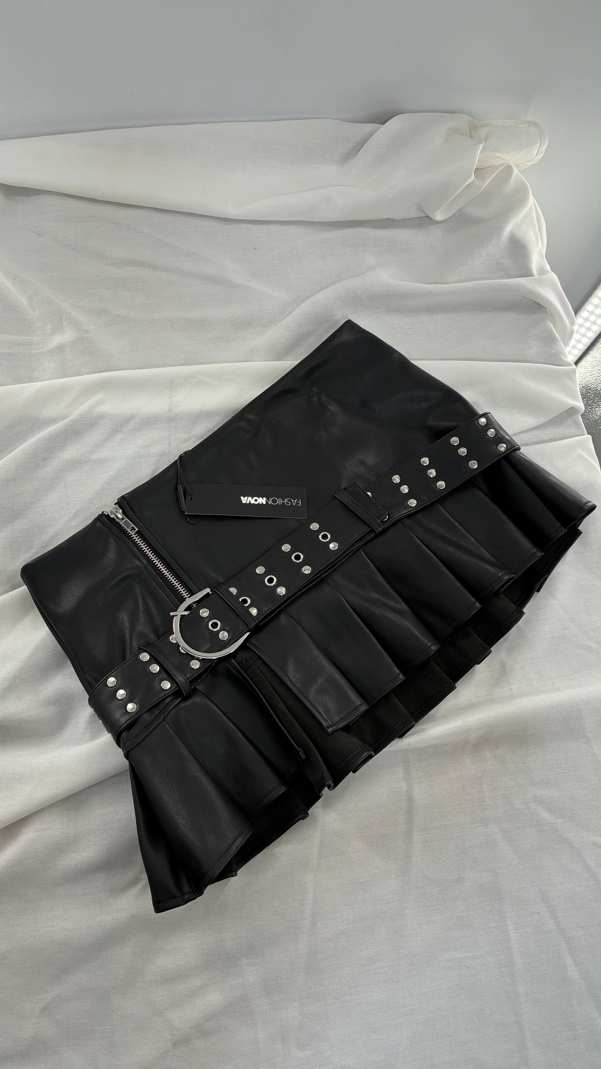 FASHION NOVA Vegan Leather Black Pleated Mini Skirt with Studded Belt and Tags Attached (Medium)