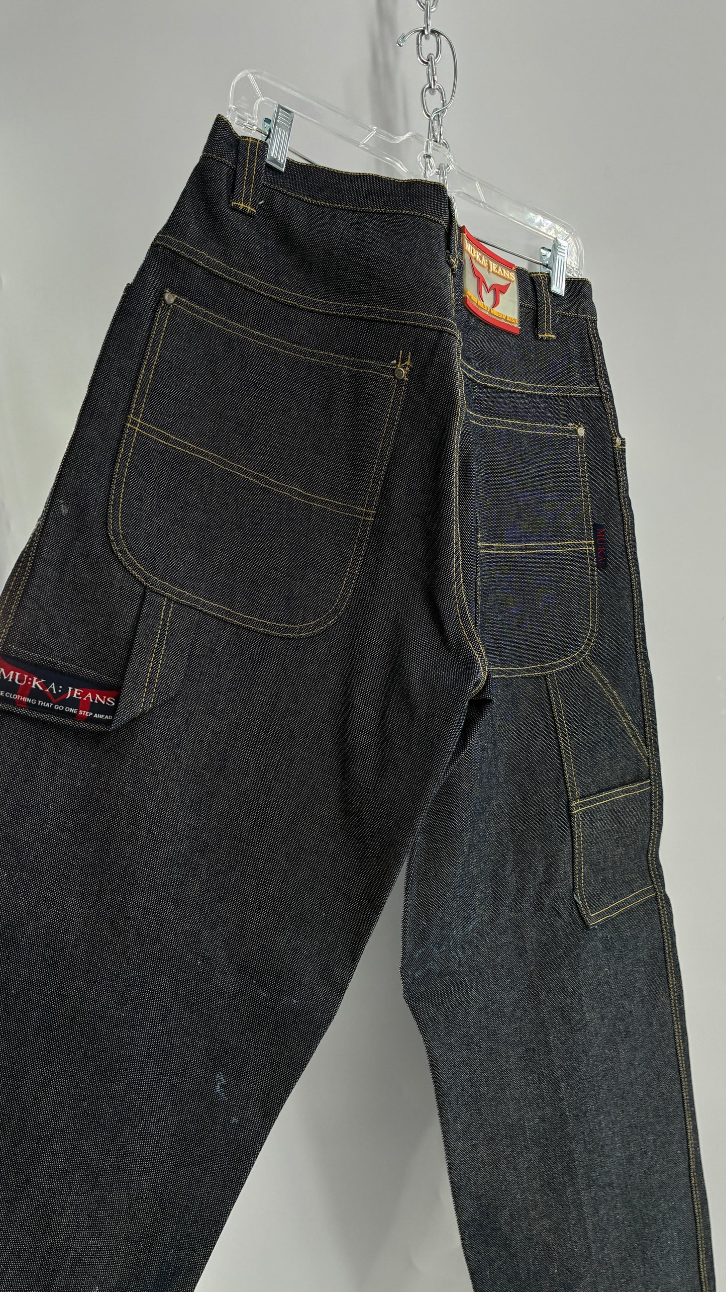 Vintage 1990s MU:KA: JEANS Men’s Dark Wash Japanese Style Denim Baggy Straight Legs and Oversized Jacket Set (L, 32x32)
