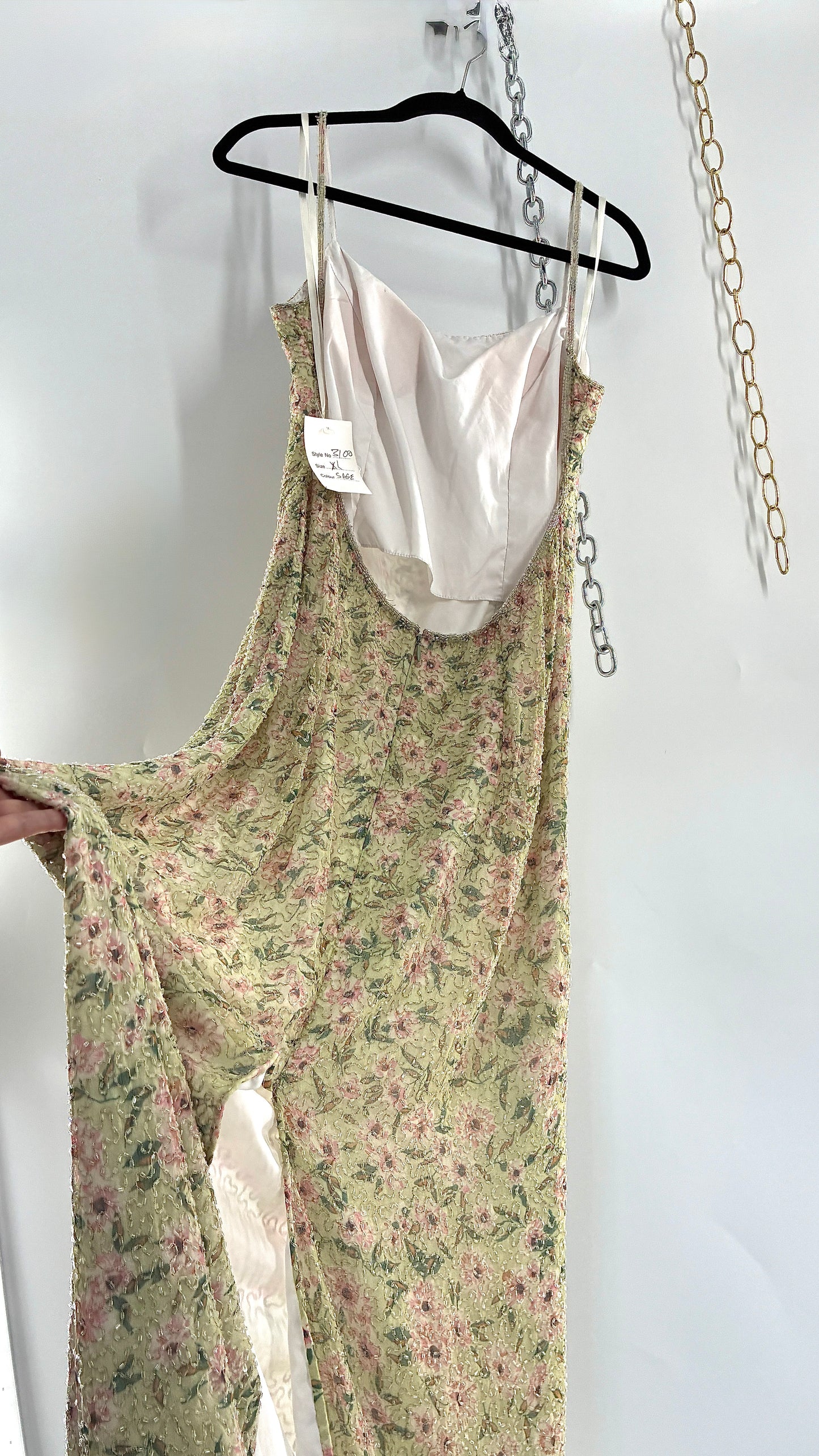 Deadstock Vintage Sage Green Beaded Floral Gown with Open Back, Built in Bust Padding, and Tags Attached (XL)