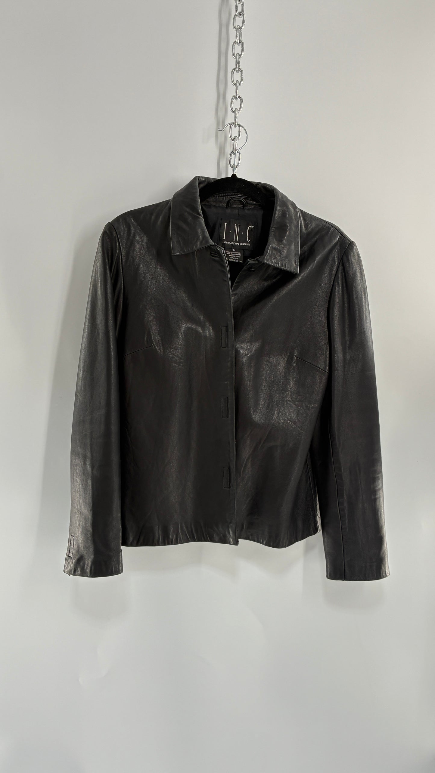 Vintage INC 1990s Black Genuine Ultra Soft Leather Collared Jacket with Velcro Closure Never Worn (Medium)