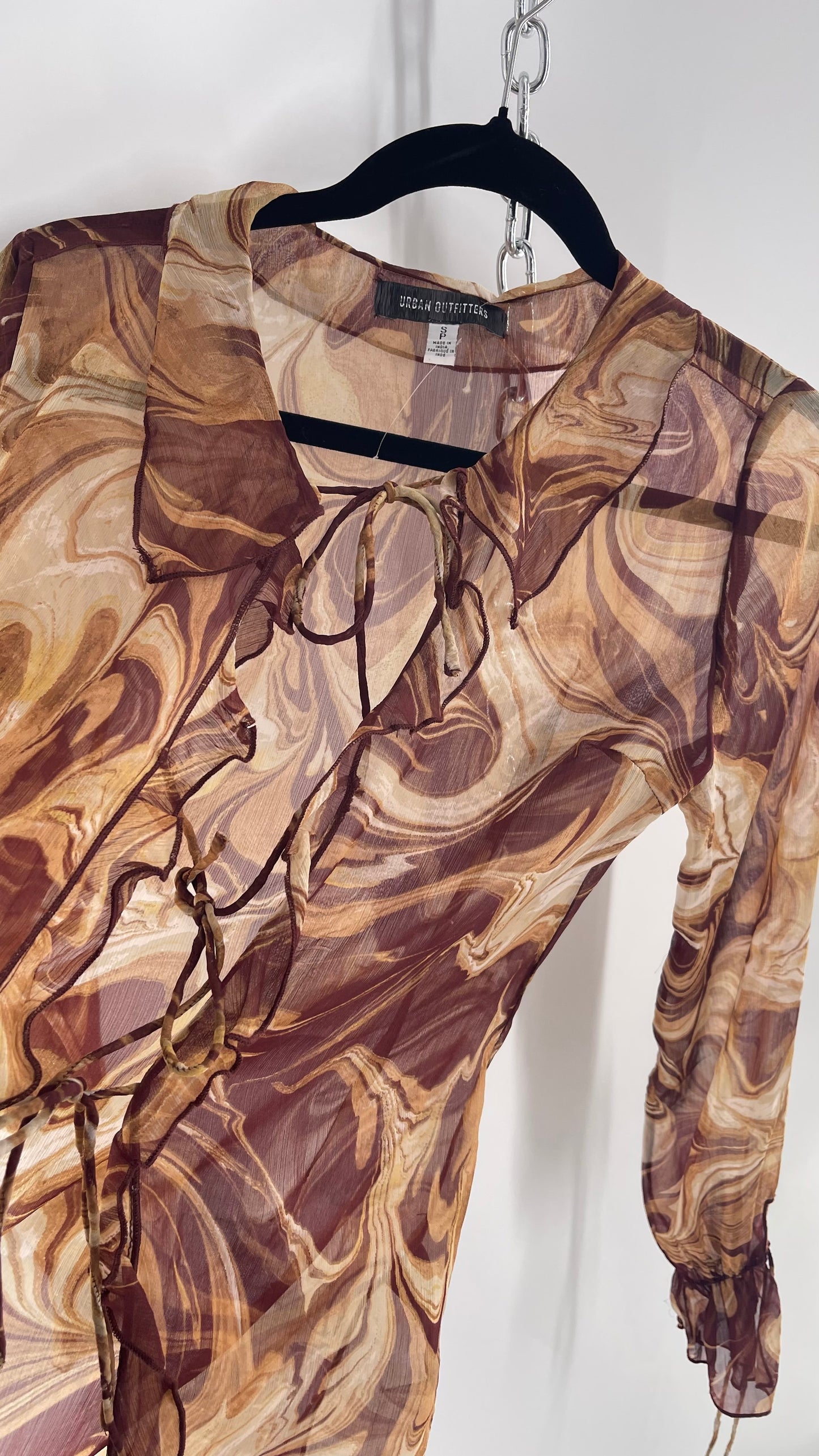 Urban Outfitters Marbled Brown Sheer Tie Front Balloon Sleeve Blouse (Small)