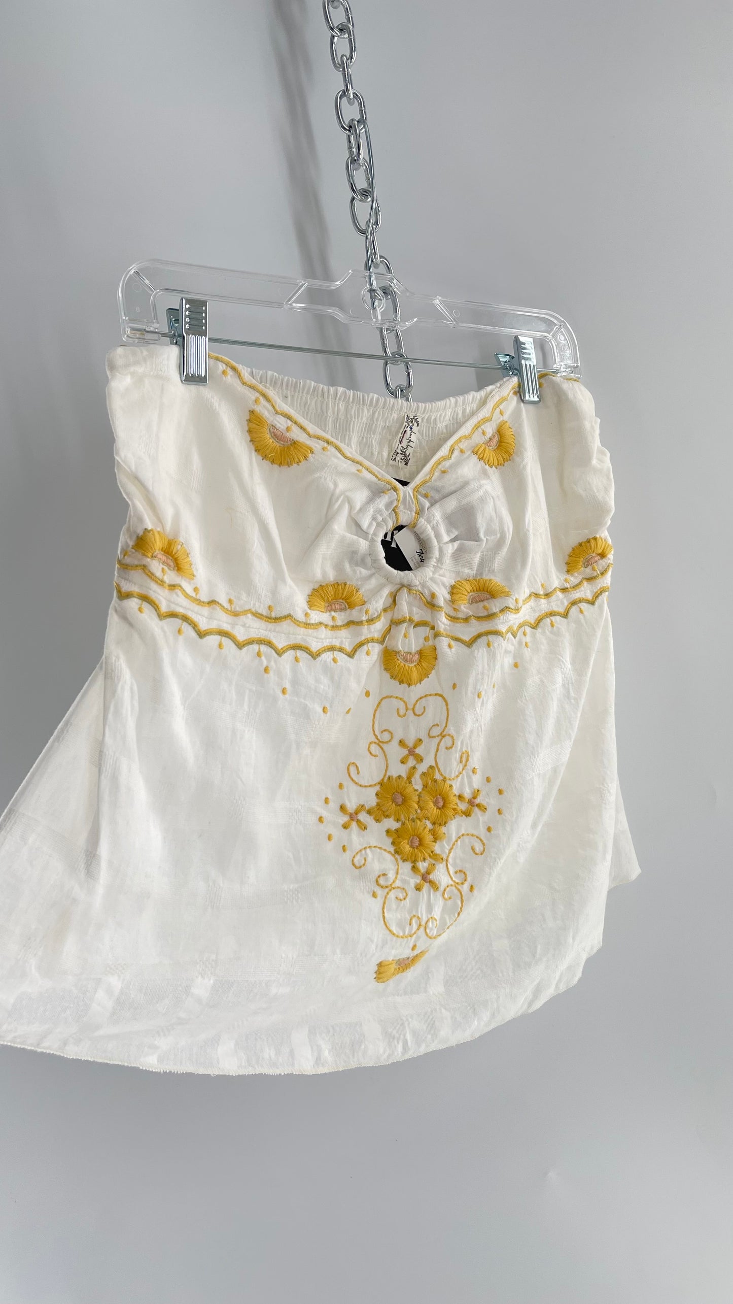 Intimately Free People White Cotton Tube Tank with Yellow Embroidered Detailing (L)