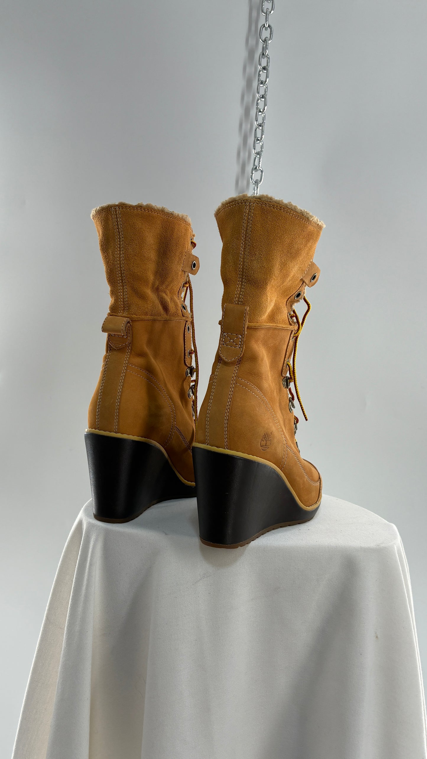 Vintage TIMBERLAND Wedge Boots Suede Leather Tie Up Heels (7.5)
