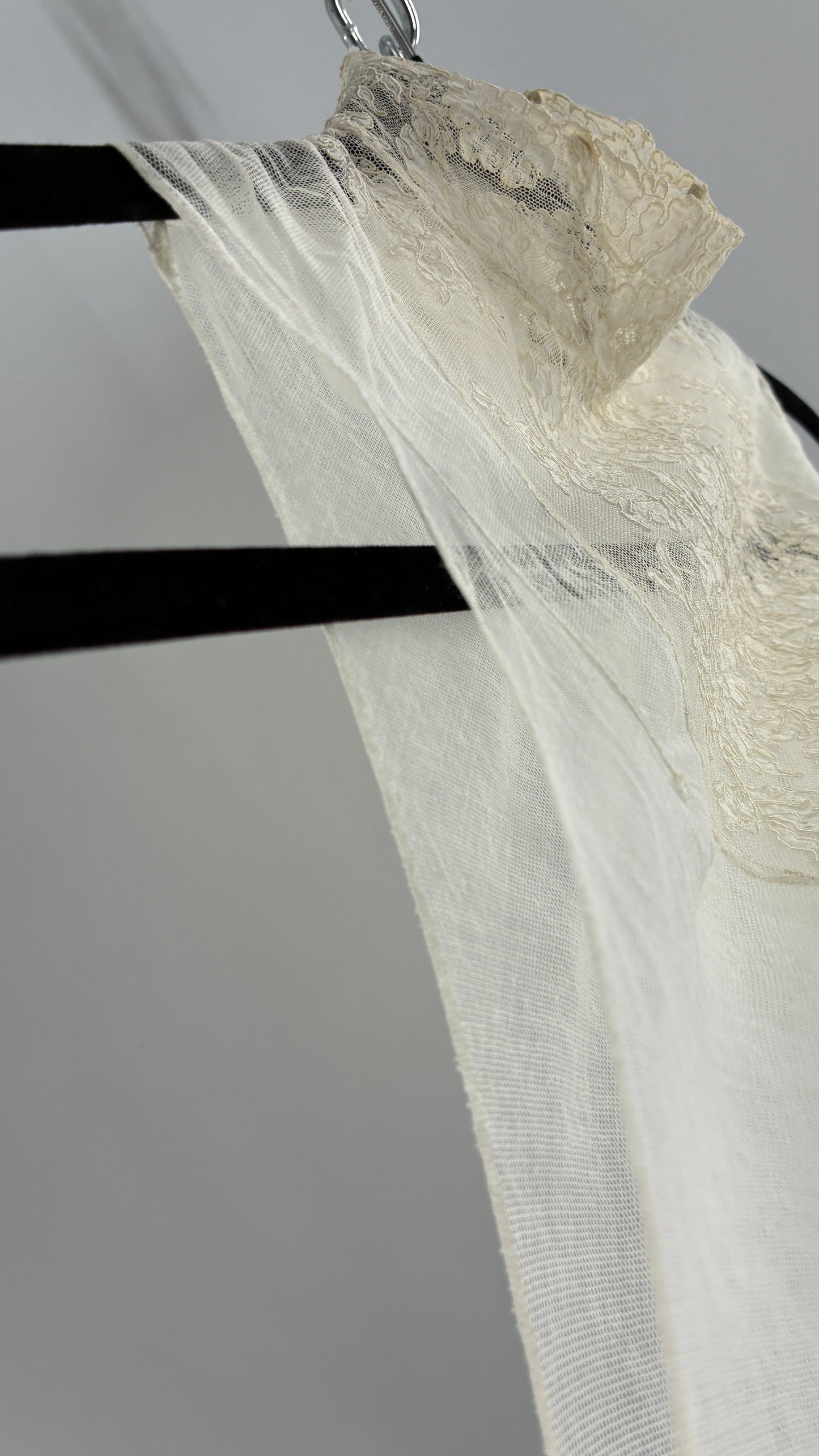 Vintage Antique Sheer Delicate Mesh, Mock Neck, Lace Paneled Camisole with Drawstring Waistline (XS/S)