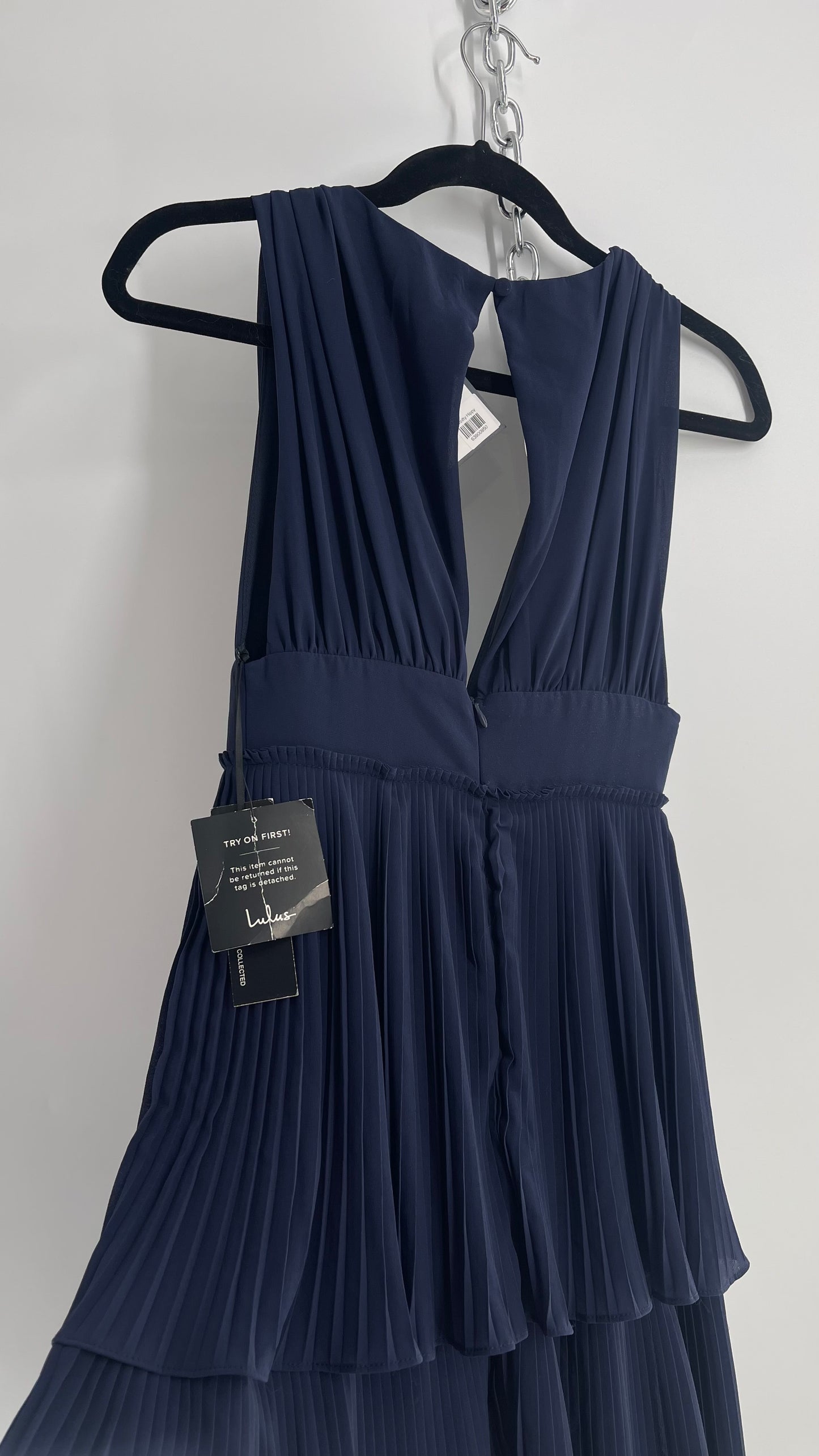 Lulu*s Pleated Navy Blue Floor Length Gown with Three Tiers and Tags Attached (XS)