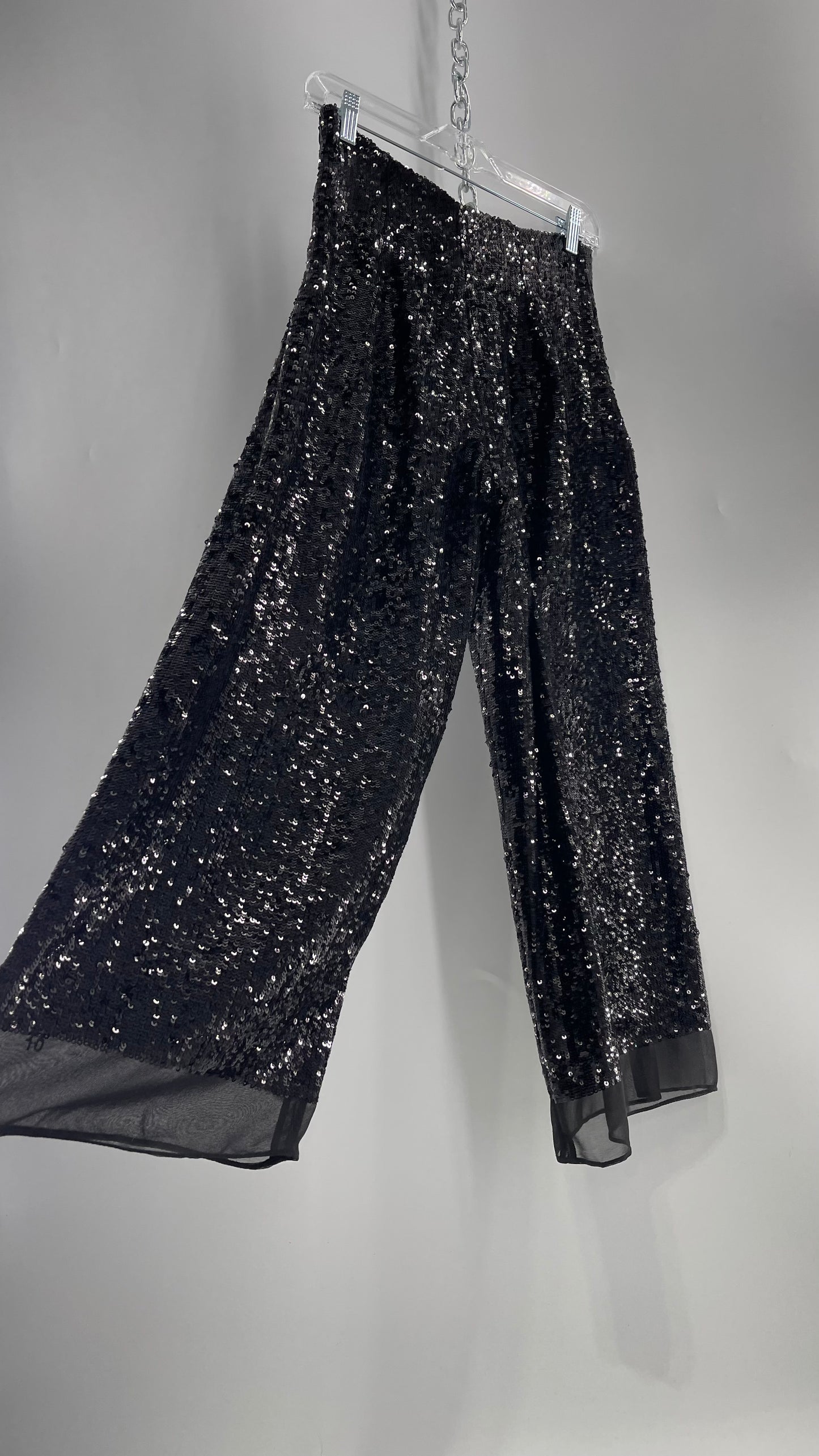 ZARA STUDIO Black Sequin Pijama Trouser with Chiffon Hem and Ribbon Lined Waist (Medium)