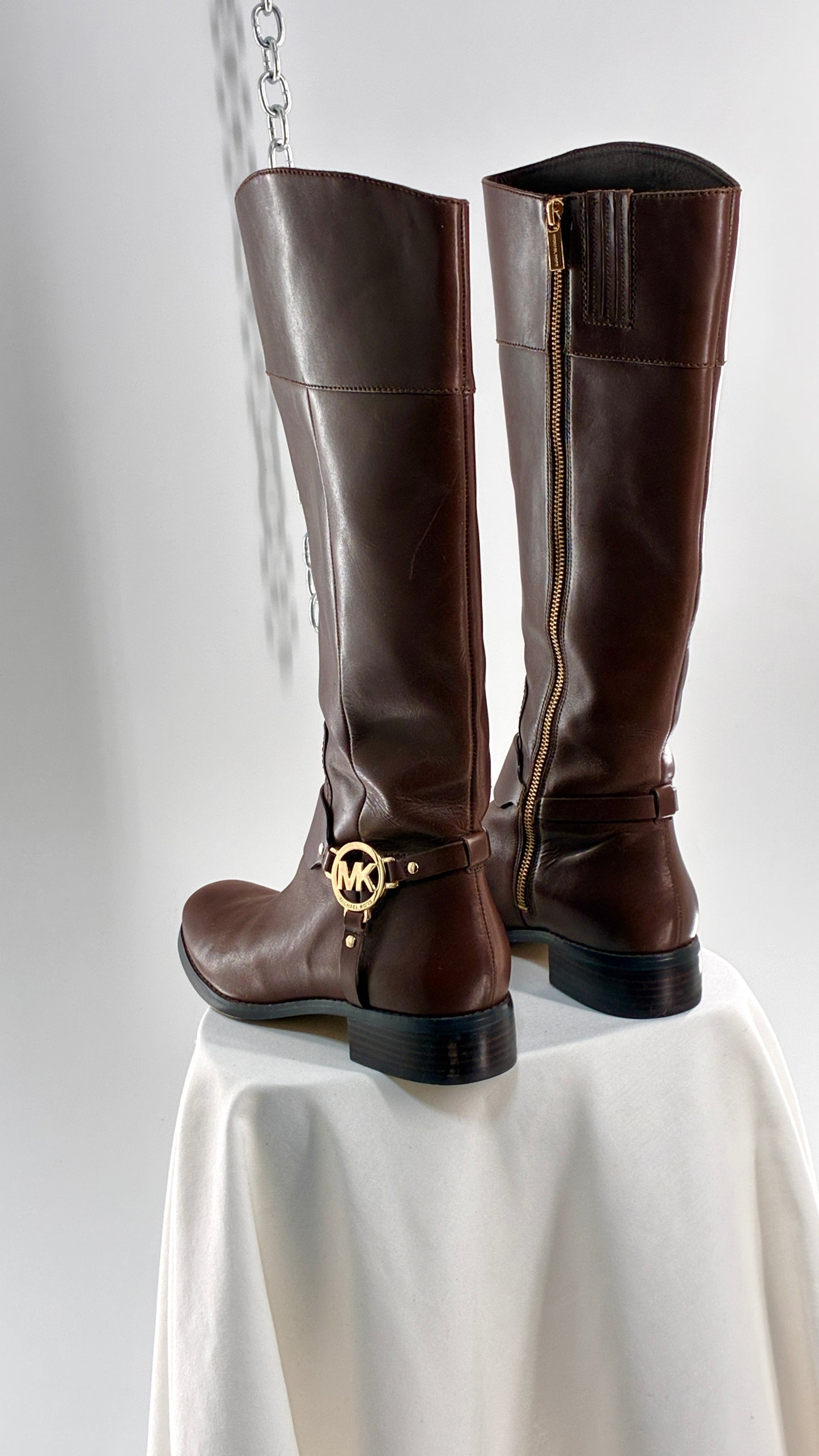 Vintage MICHAEL KORS Knee High Brown Genuine Leather Moto Boot with Gold Detailing (9)
