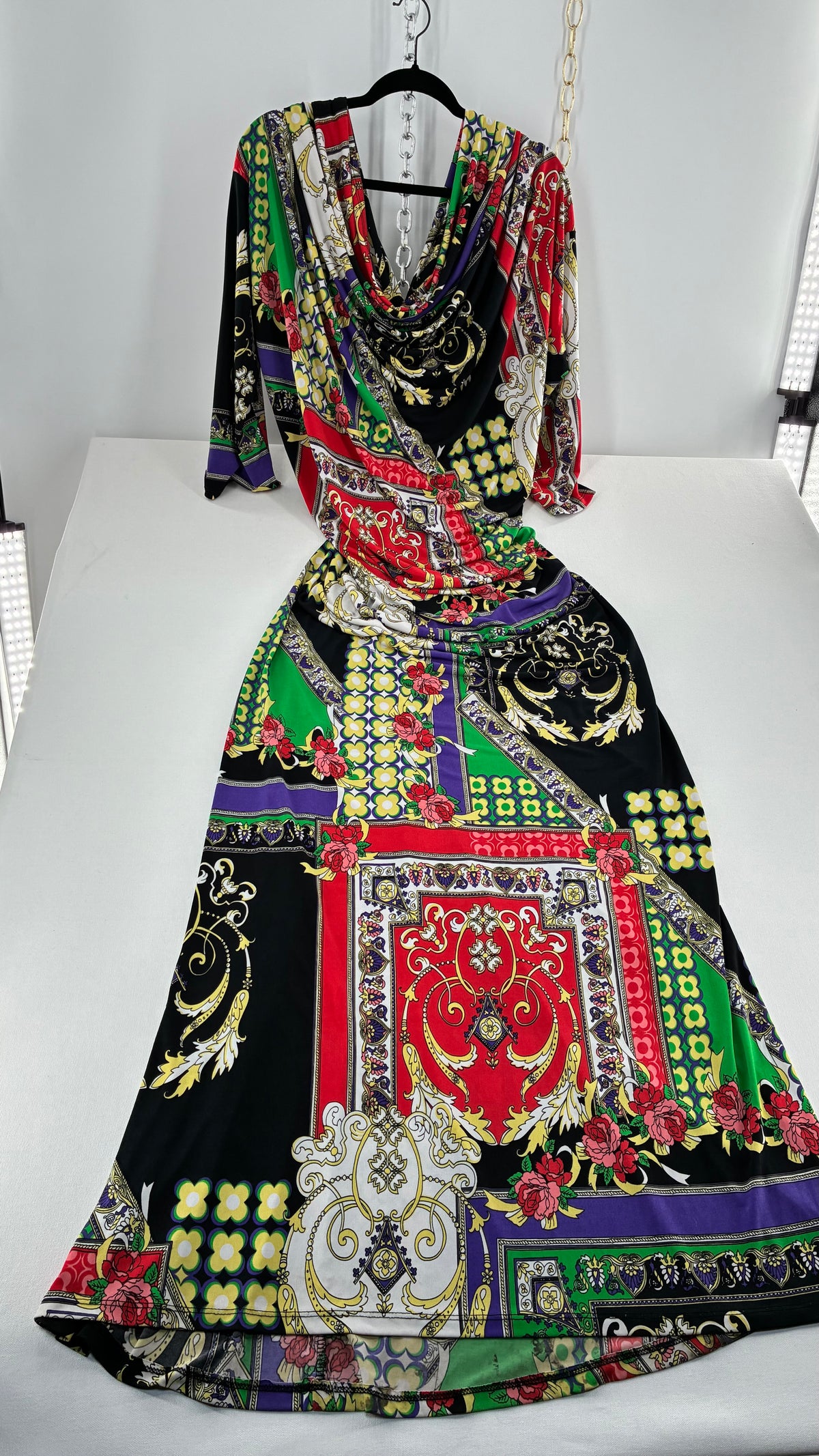 Vintage SEXY DIVA Drape Neckline Full Length Baroque Scarf Print Dress (Large)