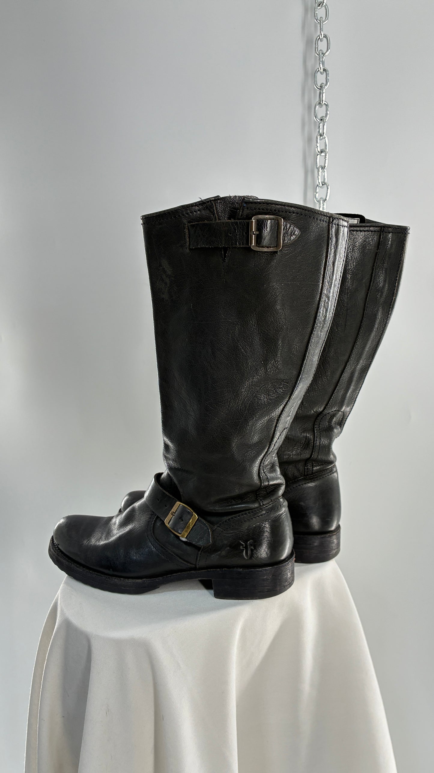 Vintage FRYE Veronica Tumble Shiny Black Leather Slouch Boot (8)