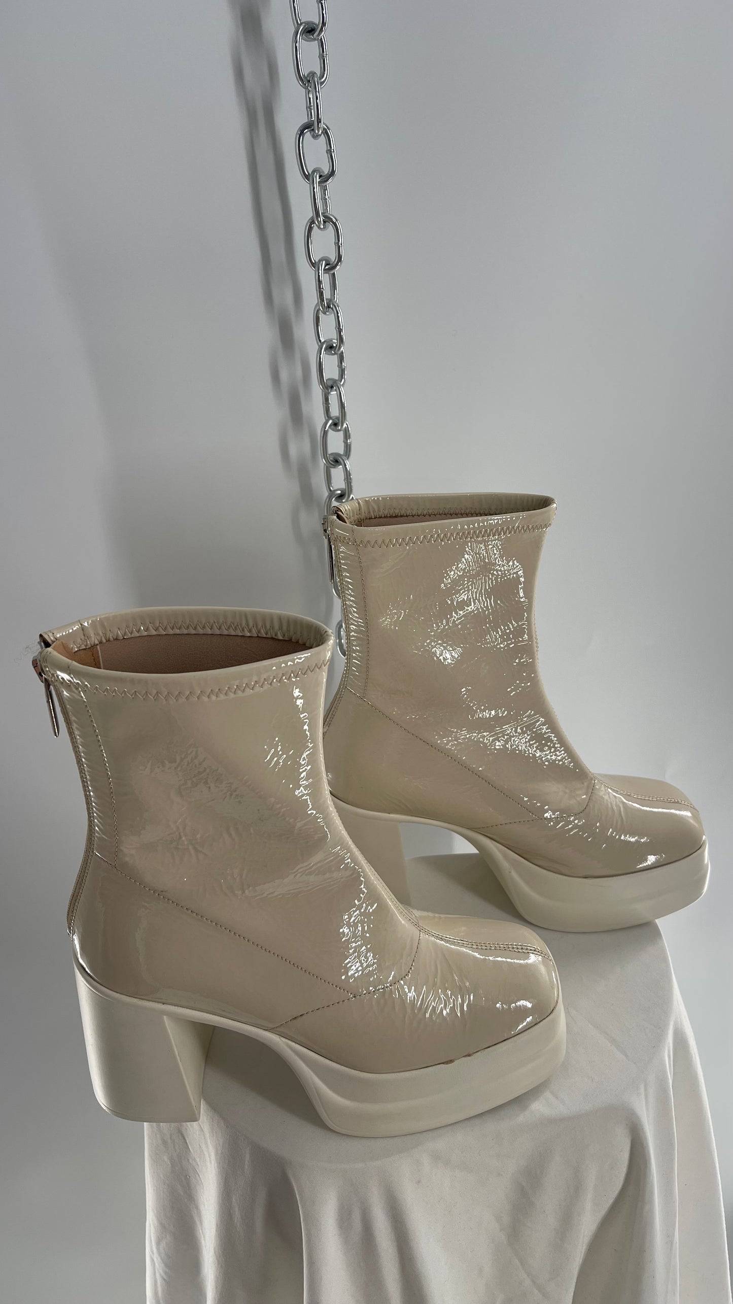 Free People Double Stack Y2k 90s Platform Off White/Cream Leather Boots (37)