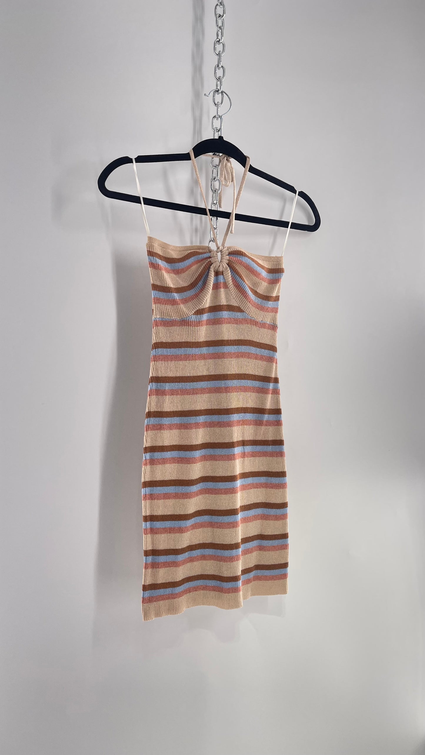 Princess Polly Beige/Blue/Pink Striped Glitter/Tinsel Knit Mini Dress (XS/S)