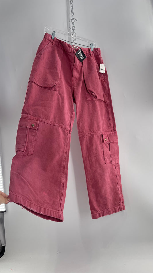 Free People Heavy Duty Mauve Pink Canvas/Carpenter Baggy Cargos with Tags Attached (29)