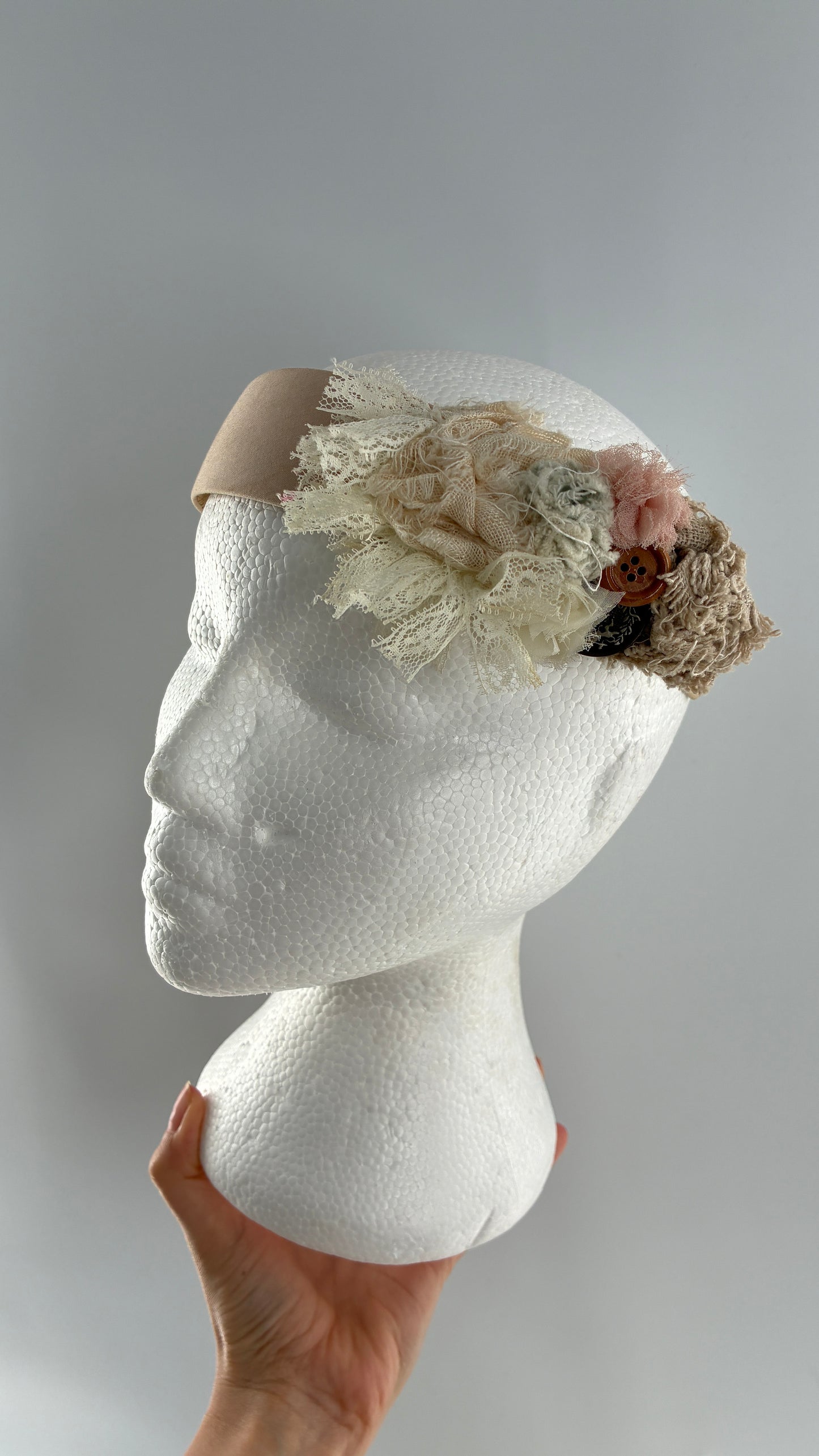 Vintage FARMER Handmade Headband with Ribbon, Flower, Button Appliqués