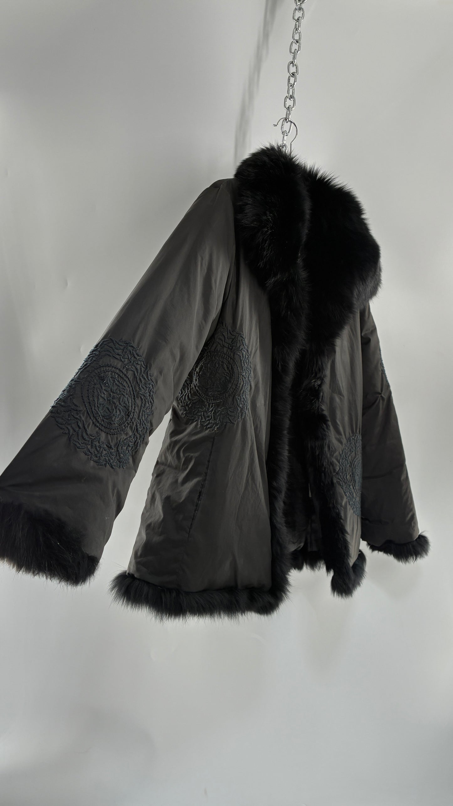 Vintage Gi & JO Black Down and Feather Puffer Jacket with Exaggerated Genuine Rabbit Fur Trim and Mandala Embroidery (Medium)