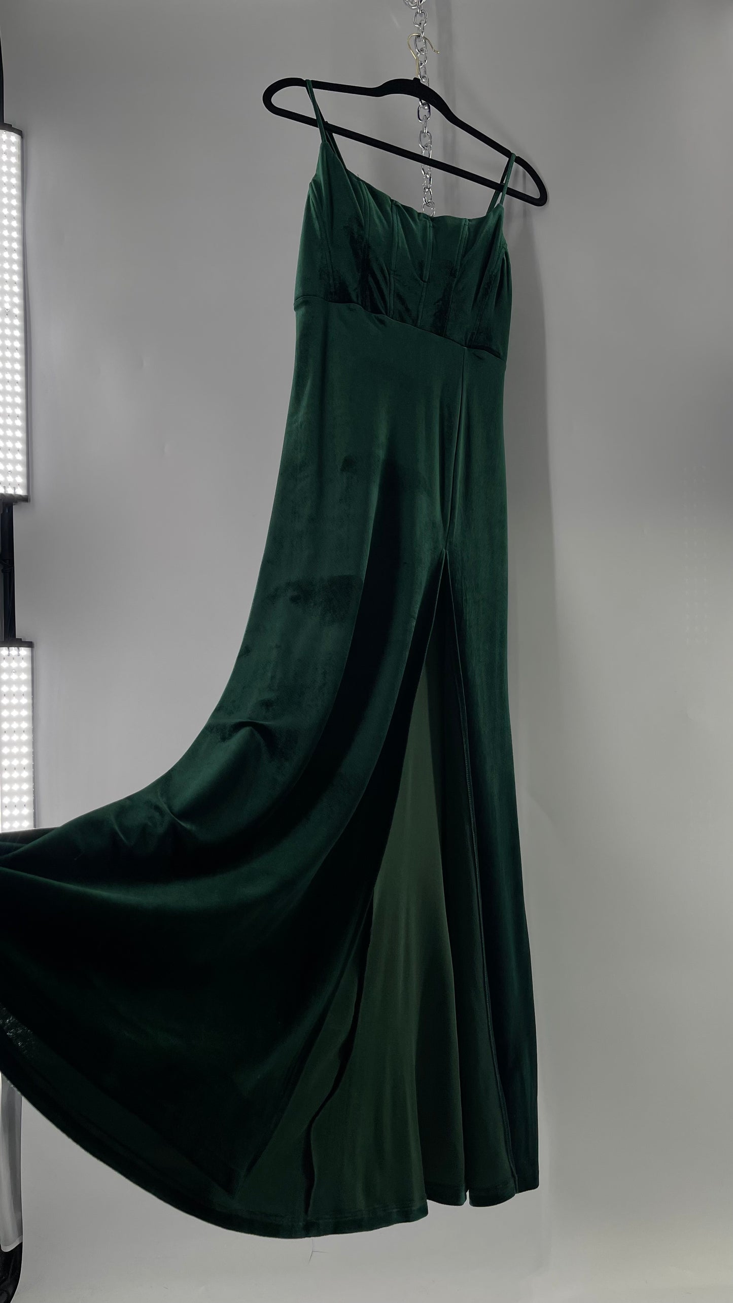 Windsor Forest Green Velvet Maxi Dress with Corseted Bust and Side Slit (11/12)