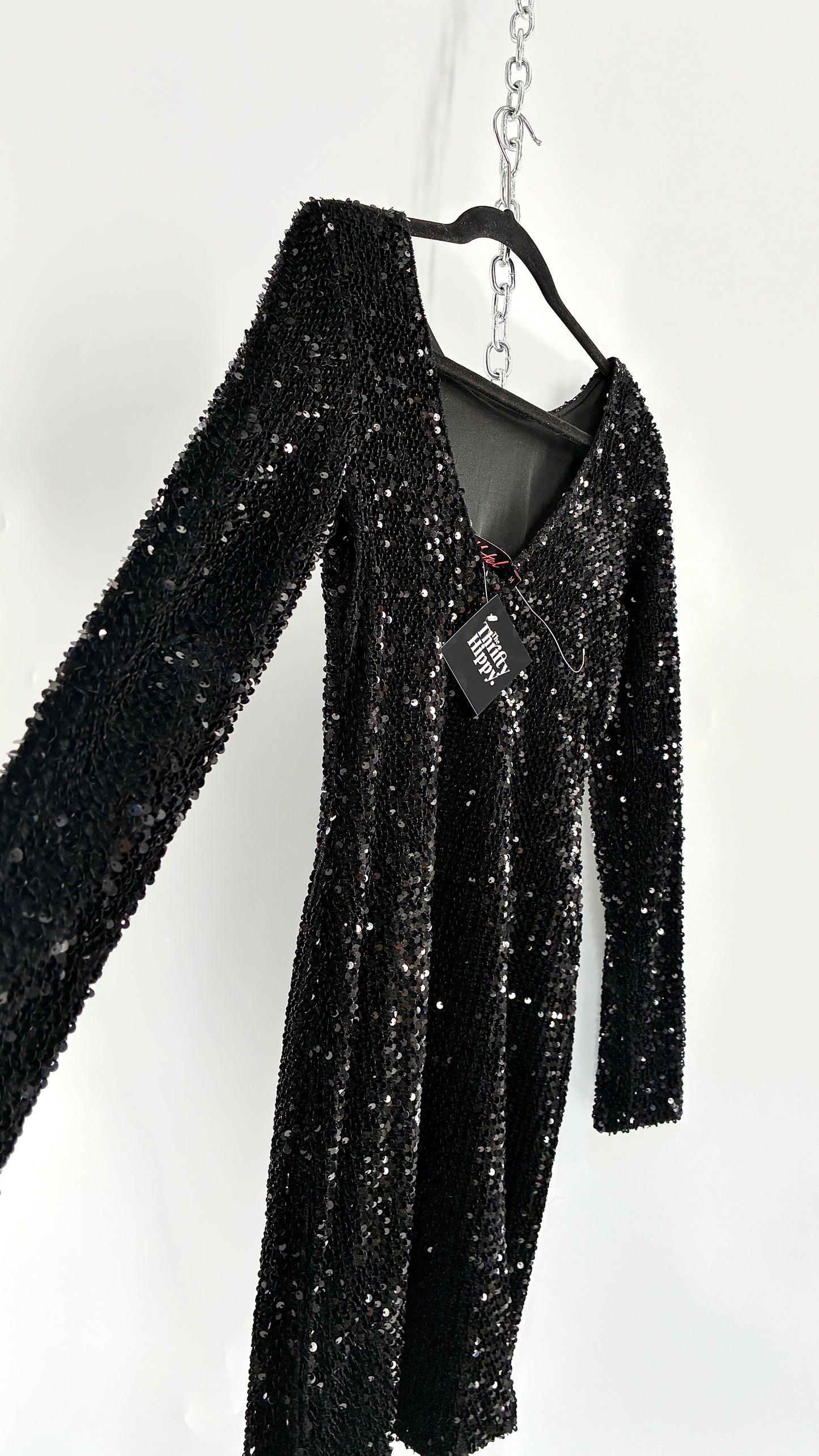 MOTEL Black Thick Velour and Sequin Long Sleeve Bodycon Mini Dress (Medium)