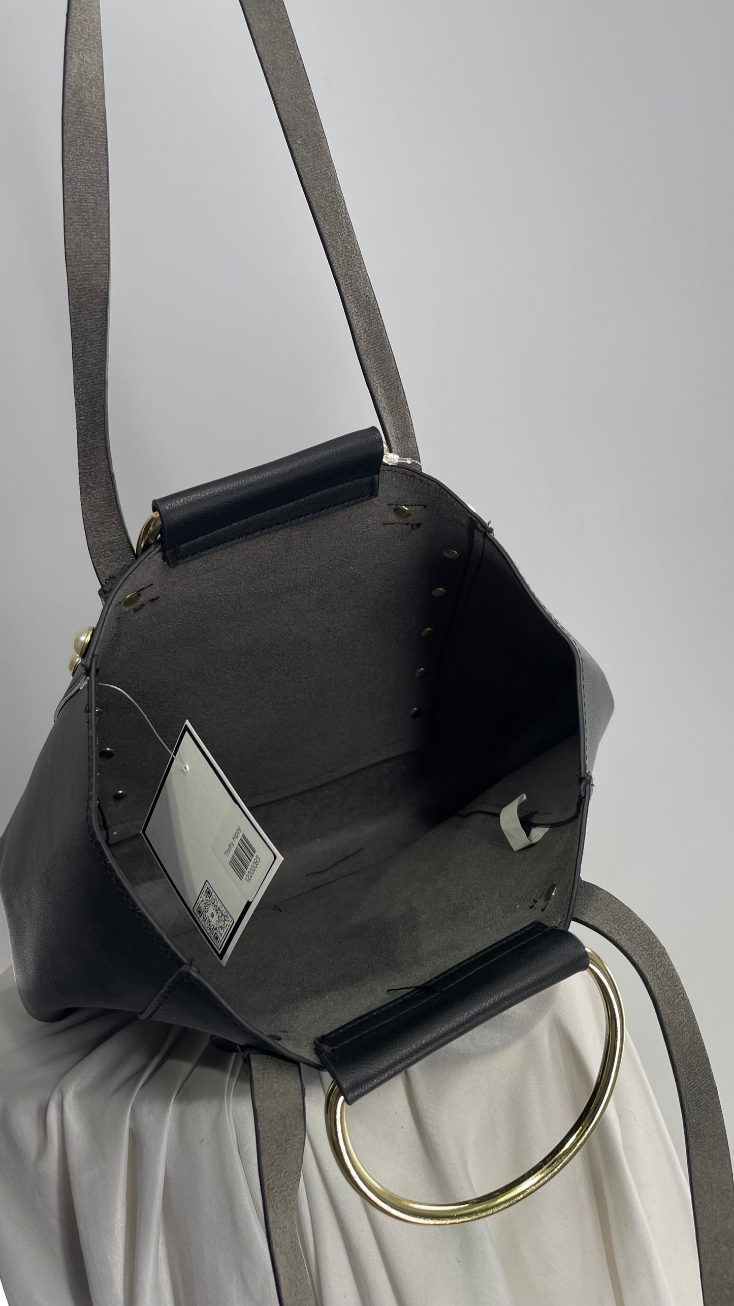 Black Vegan Leather Dual Size Purse Set with Pearl Studs