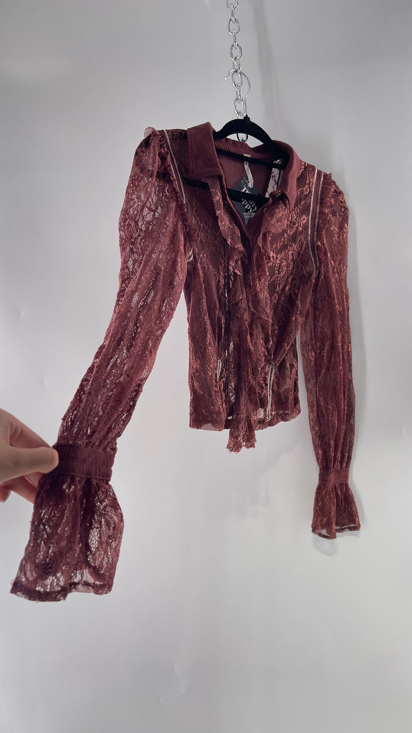 Free People Burgundy Lace Button Front Blouse with Balloon Sleeves and Ruffle Front Detail  (Small)