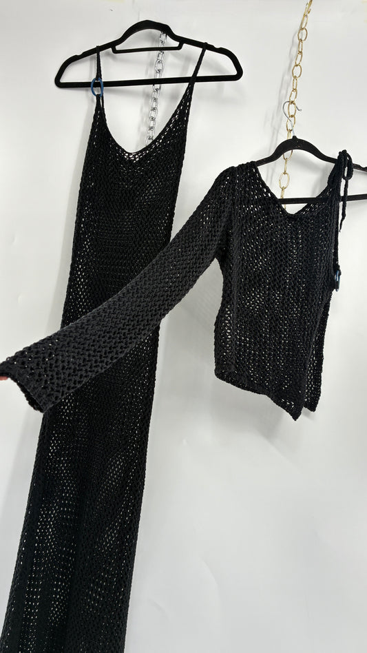 MOTEL Black Crochet Set with Maxi Dress and Matching Top with Tags (XXS)