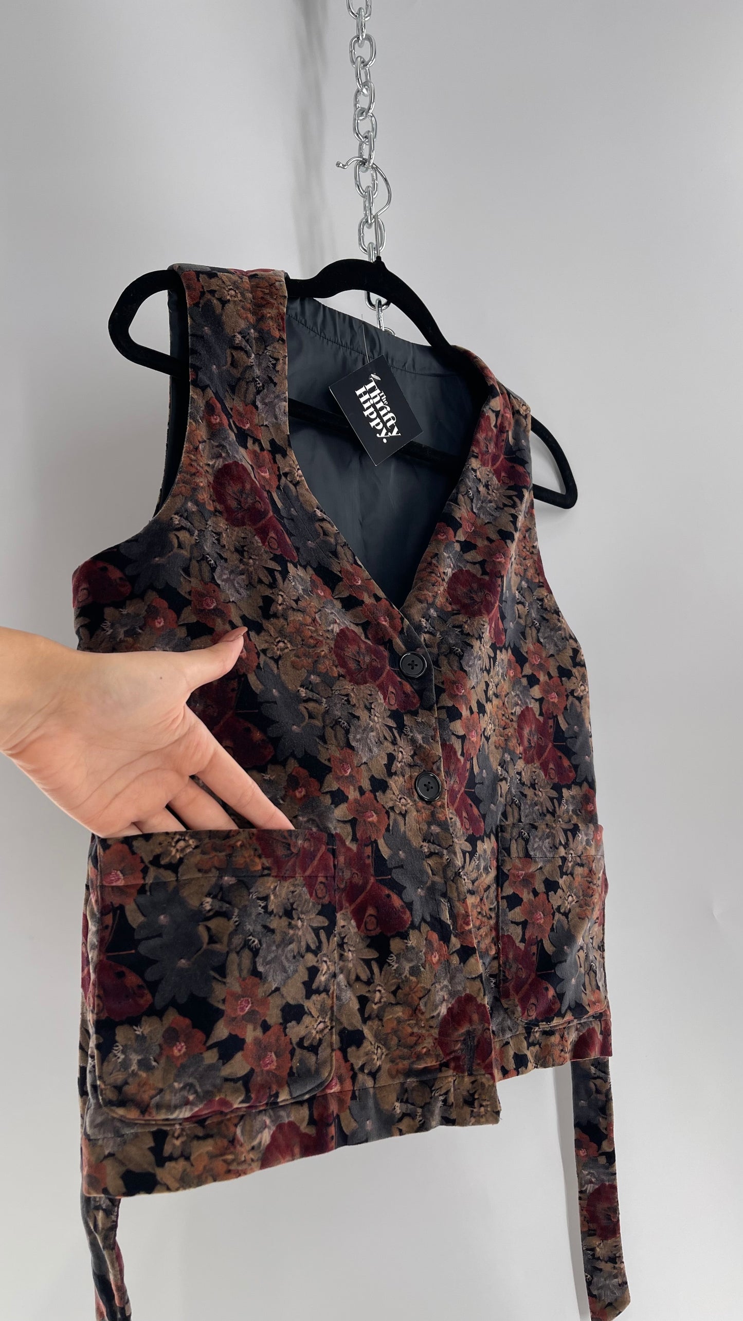 Vintage Muted Florals Velvet Vest with Front Pockets and Waist Tie (Medium)