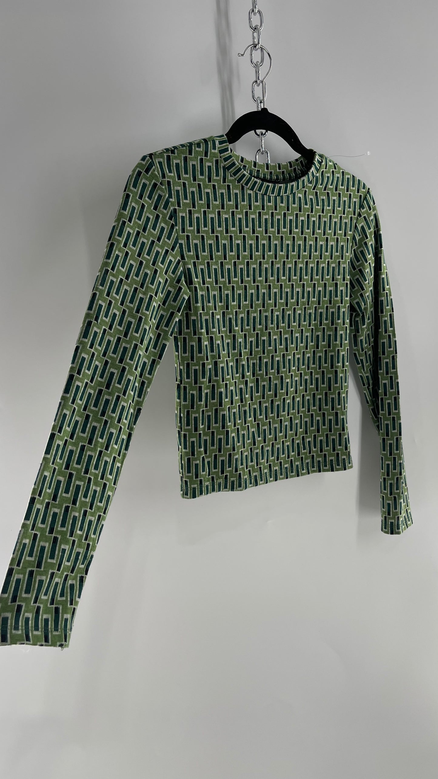 ZARA Retro Mock Neck Green Patterned Long Sleeve (Small)