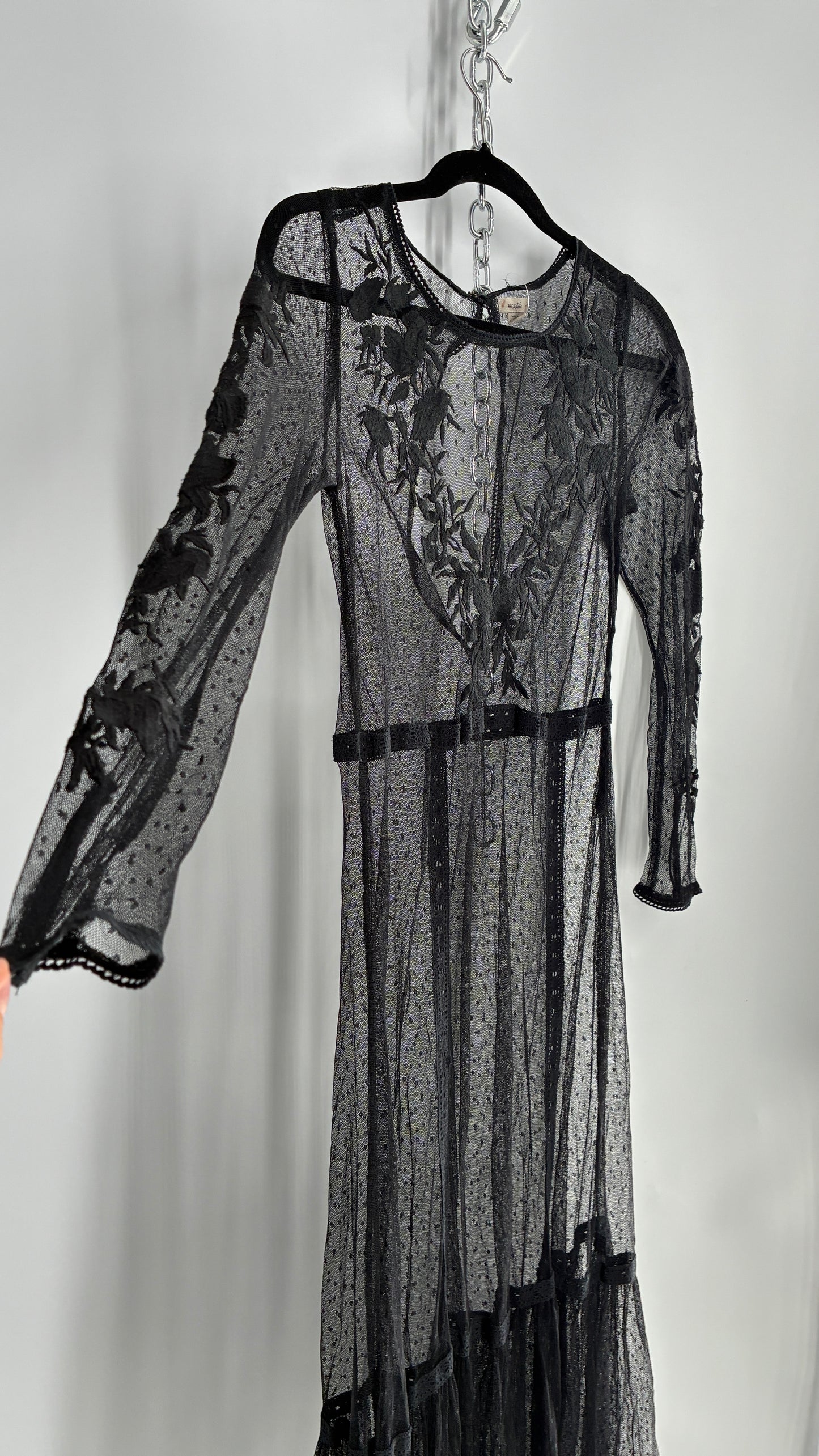 ECOTE Sheer Mesh Full Length Dress with Lace Appliqué Sleeves and Bust (Medium)