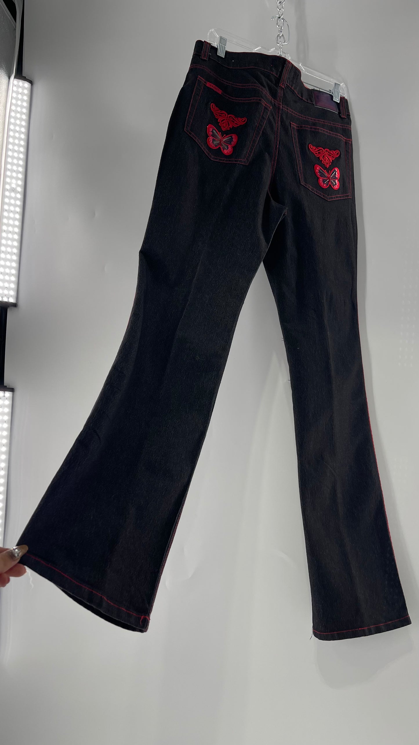 Rare Vintage Black Crest Jeans with Red Contrast Stitching and Butterfly Embroidery on Thigh and Back Pockets (14)