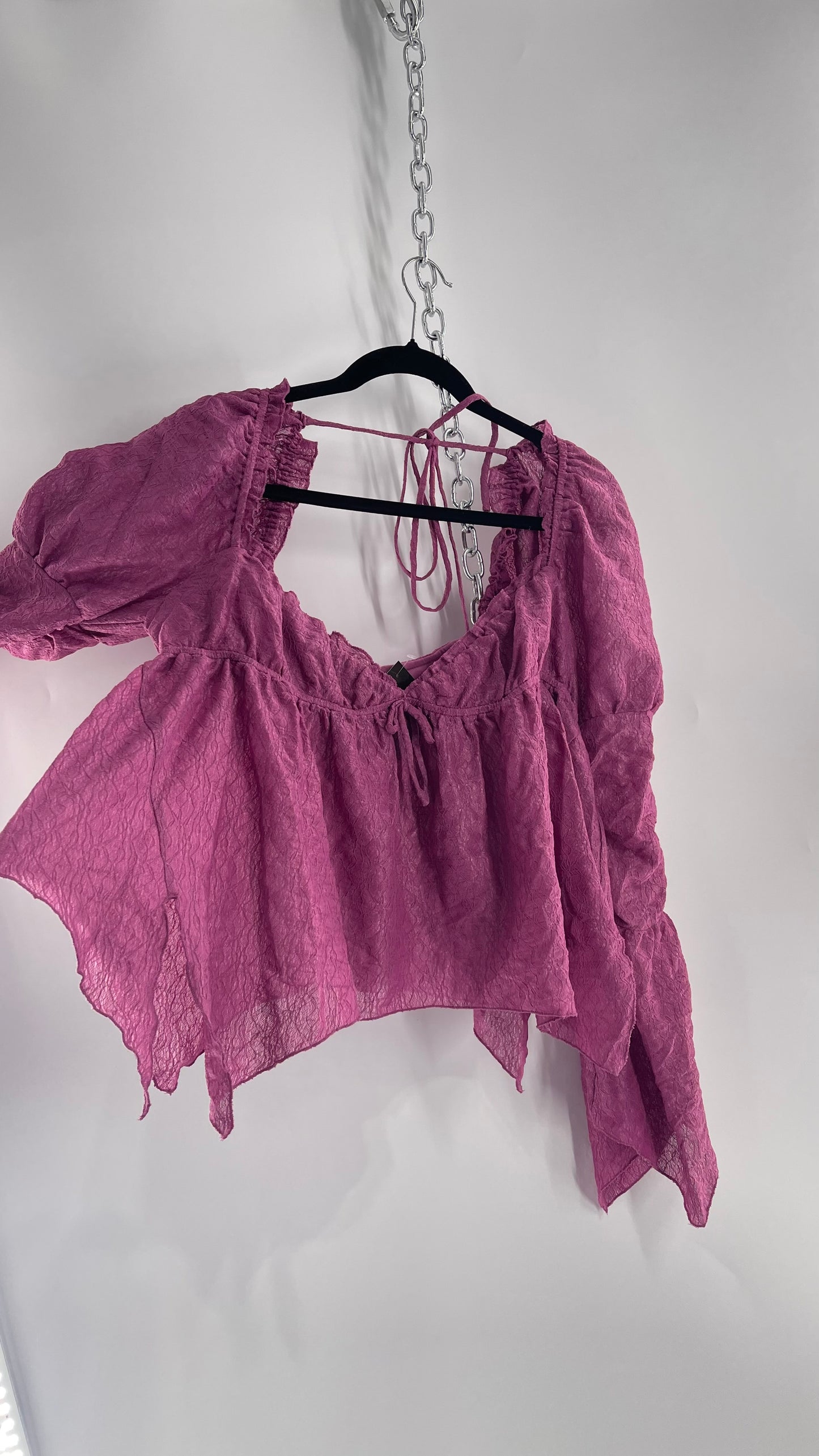 Urban Outfitters Purple Lace Blouse with Handkerchief Slit Hem, Princess Fairy Sleeves, Ruffle Trim Bust and Low Back (Large)