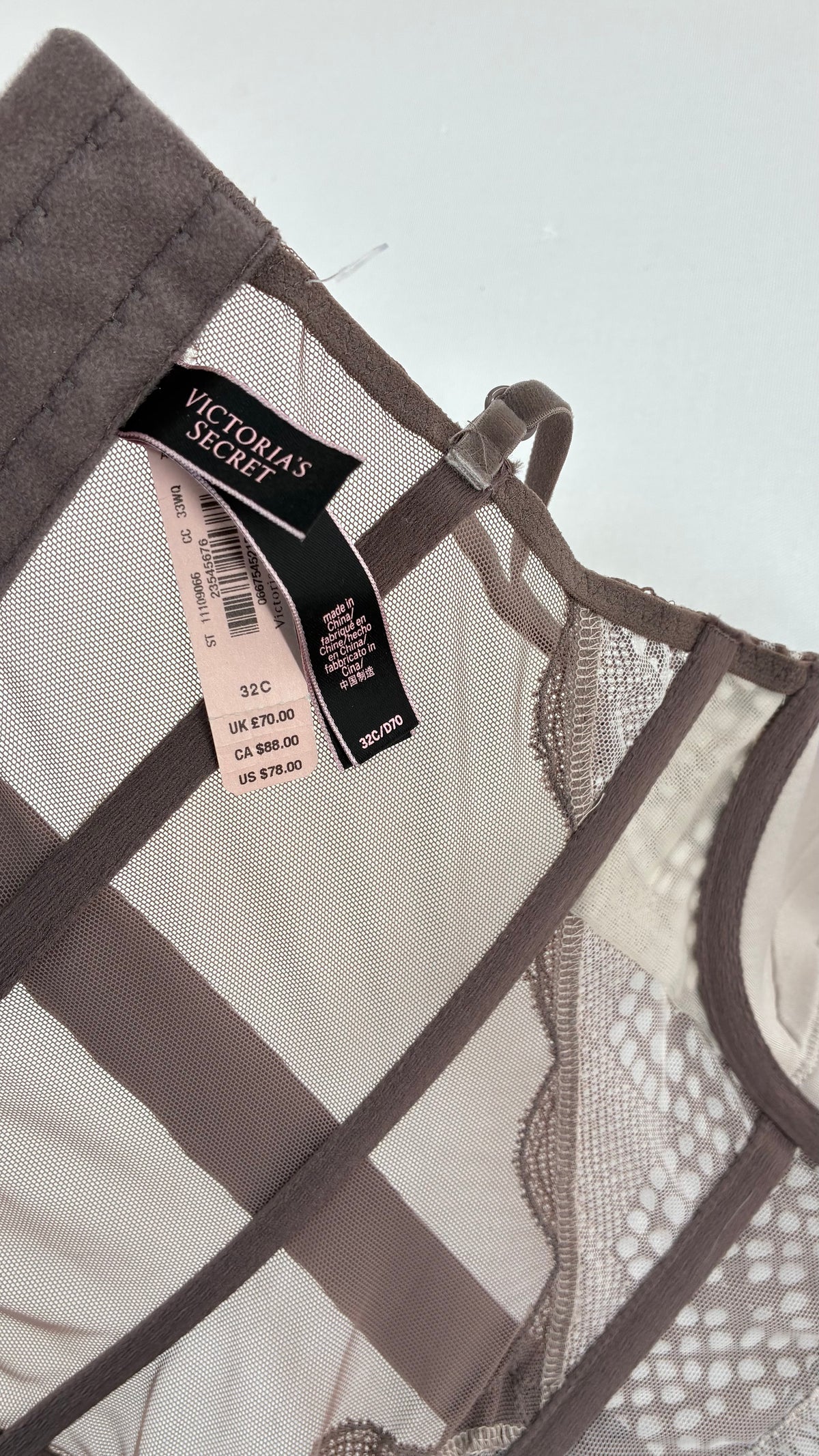 Vintage VICTORIA’S SECRET Taupe Lace Corset with Velour Belting and Tags Attached (32C)