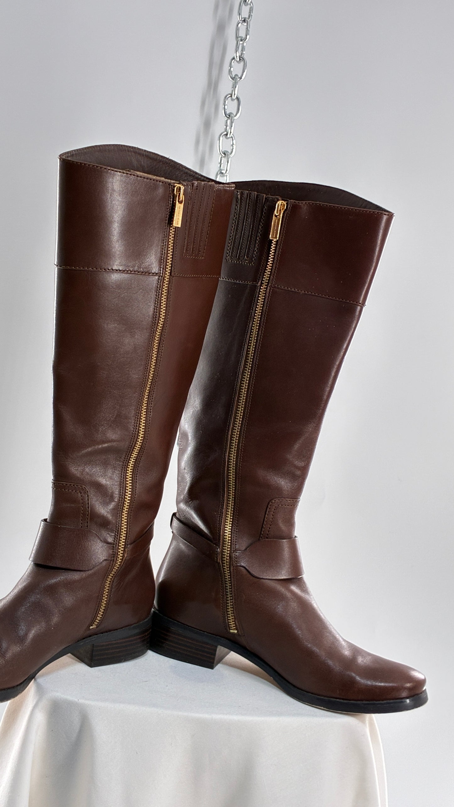 Vintage MICHAEL KORS Knee High Brown Genuine Leather Moto Boot with Gold Detailing (9)