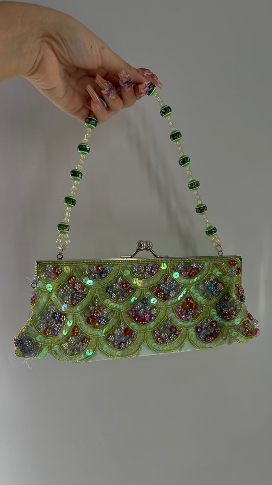 Vintage MAX MAYER 1990s Lime Green Candy Bag with Sequin, Beaded, Embroidered Make